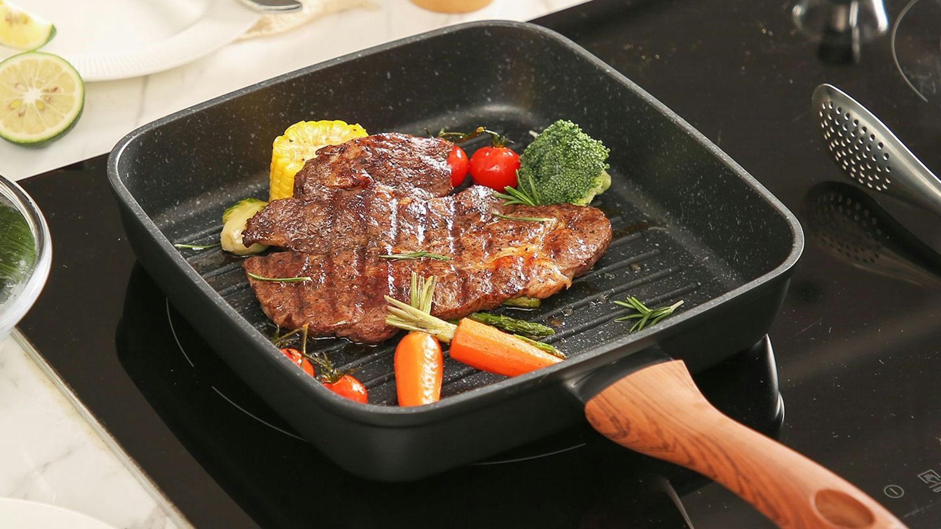 cooked meat on black rectangular tray
