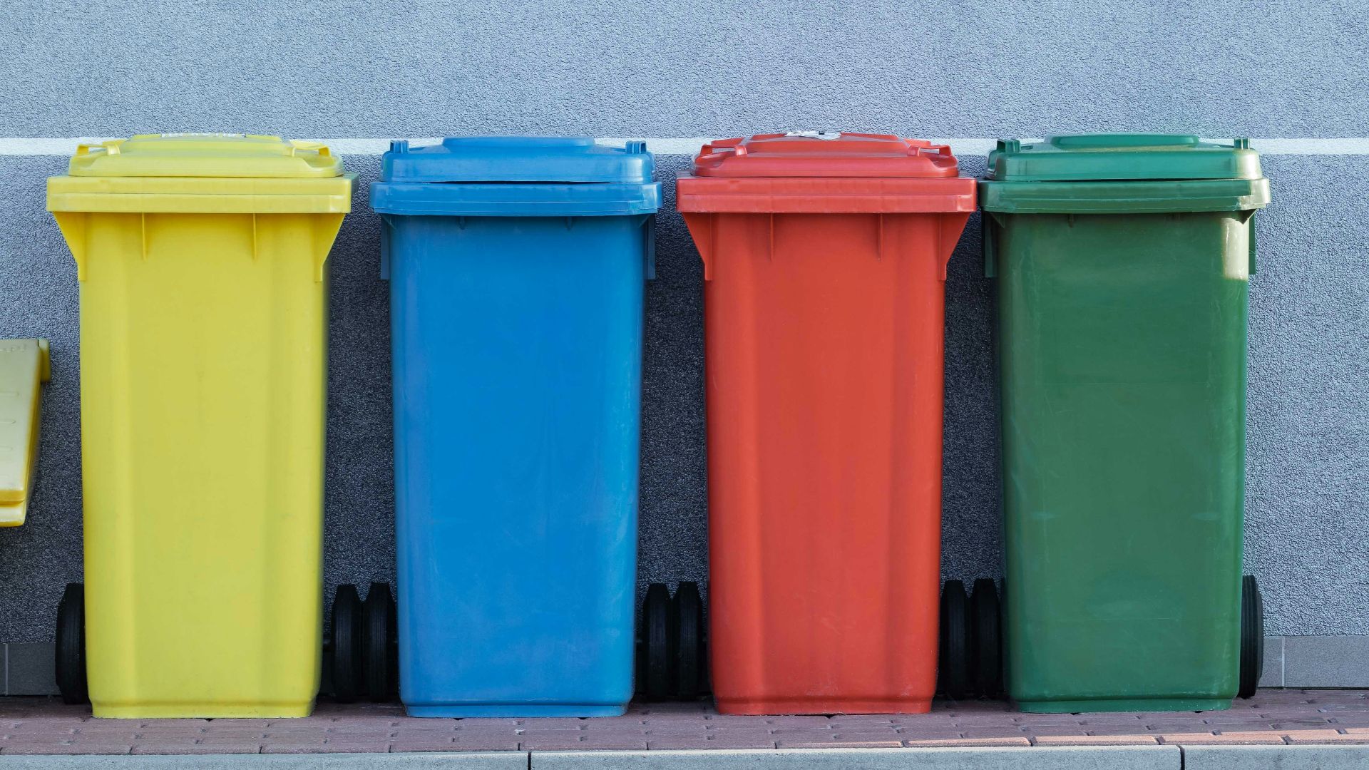 four assorted-color trash bins beside gray wall