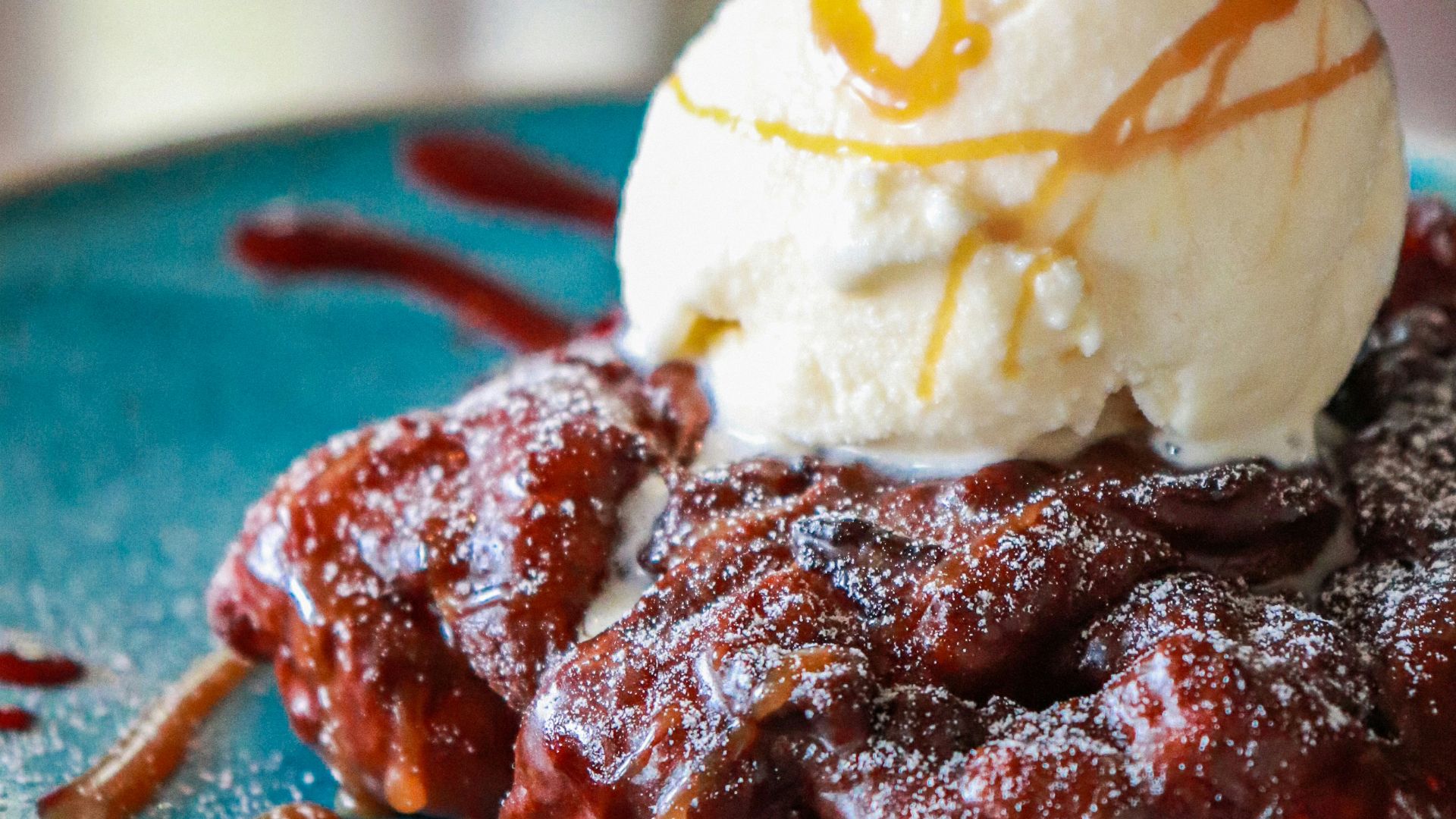 ice cream on blue ceramic plate