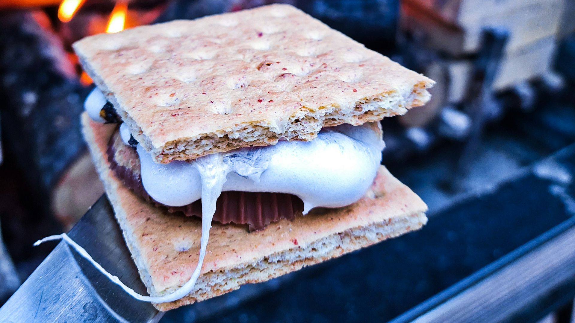 a sandwich sitting on top of a grill next to a fire