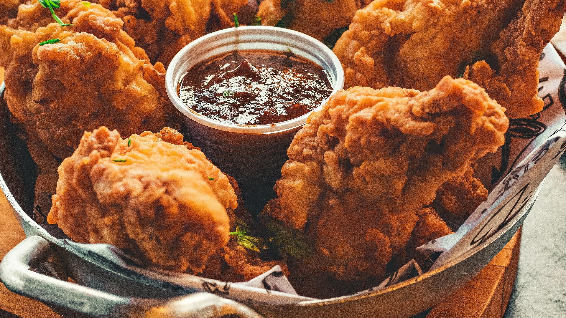 fried chicken on stainless steel tray