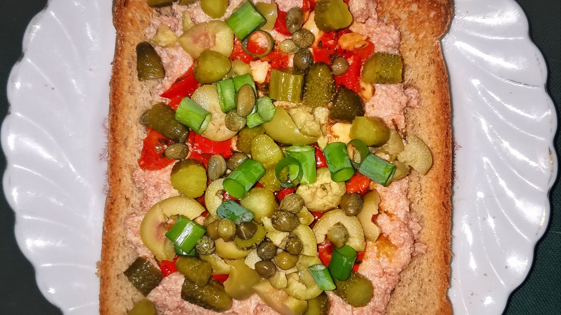 File:Devilled ham on mixed- grain toast, with scallions, green olives, cornichons, capers, garlic, and chili peppers - Massachusetts.jpg