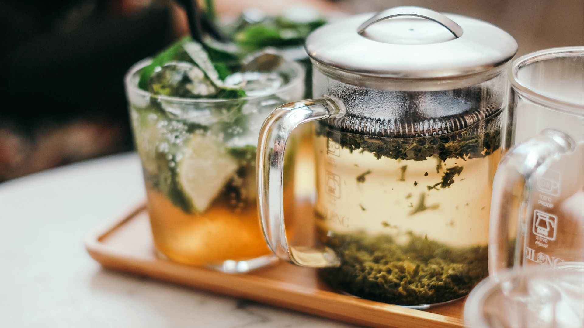 clear glass mug on tray