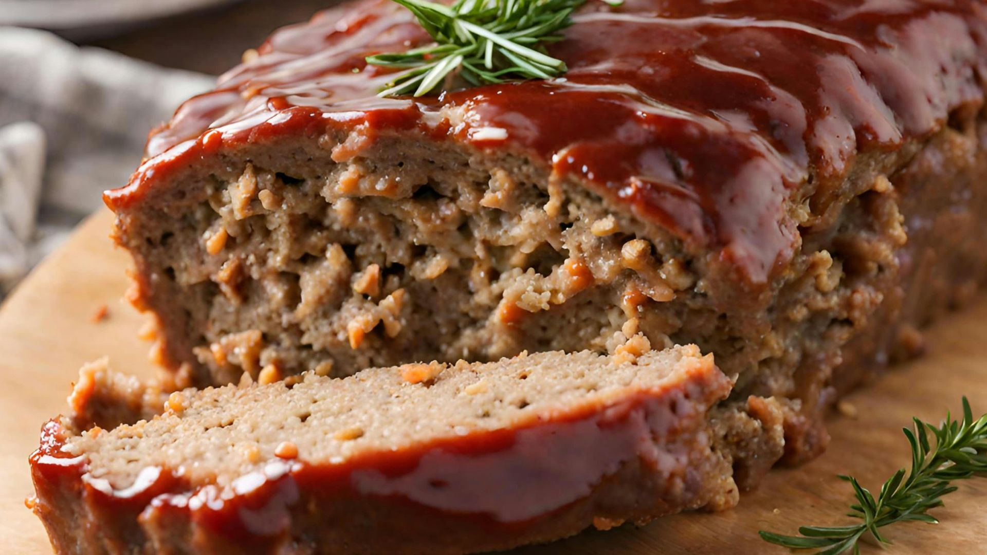 a loaf of meatloaf on a cutting board with a sprig of