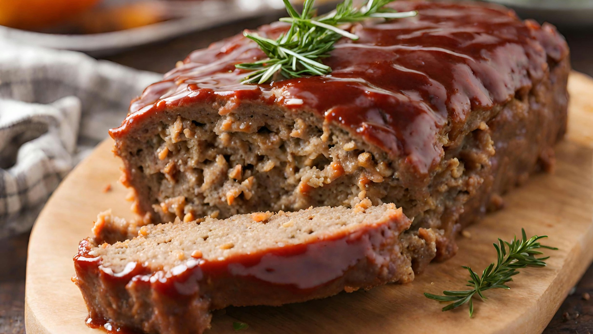 a loaf of meatloaf on a cutting board with a sprig of