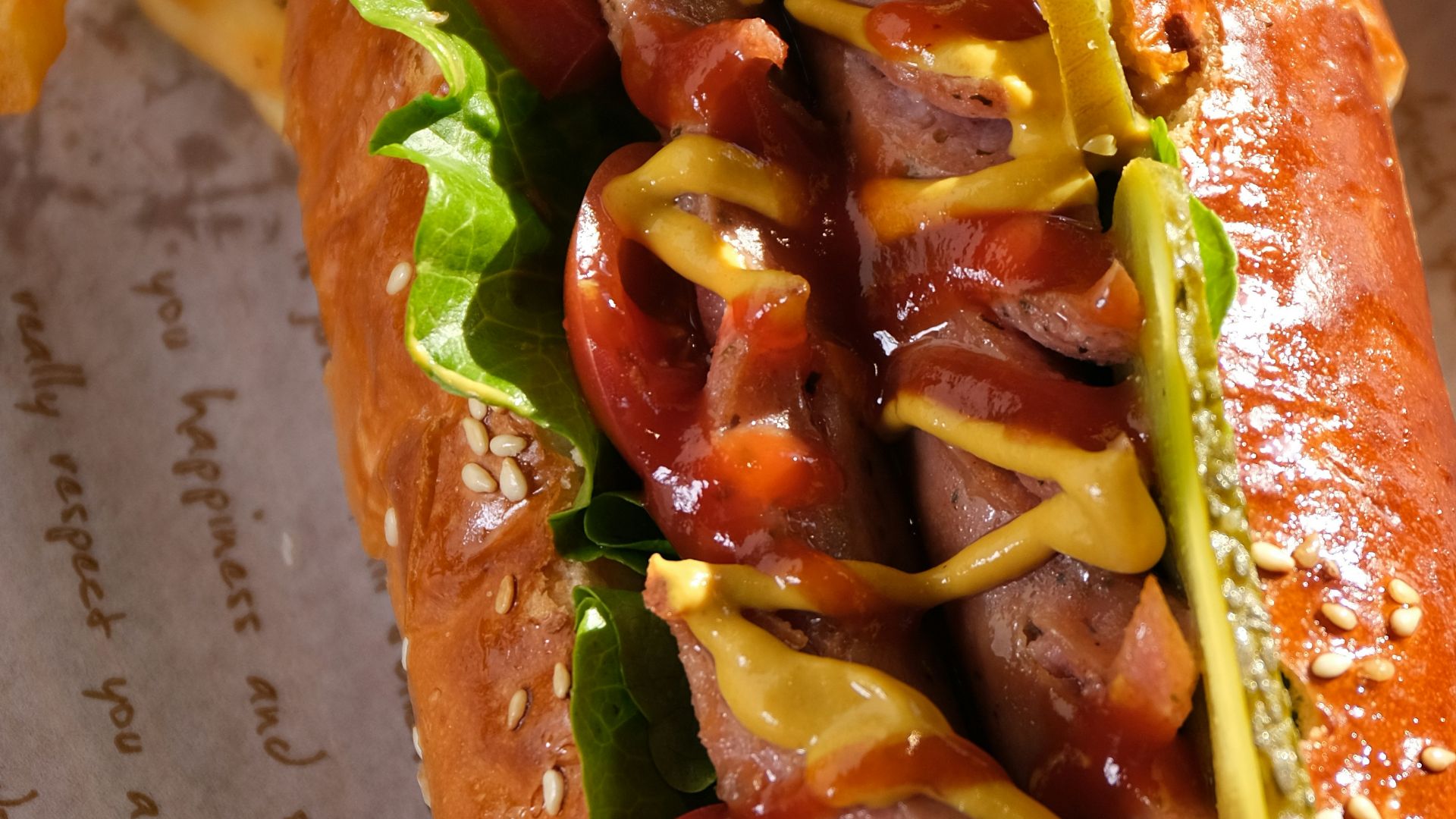 a hot dog on a bun with ketchup, mustard, and relish