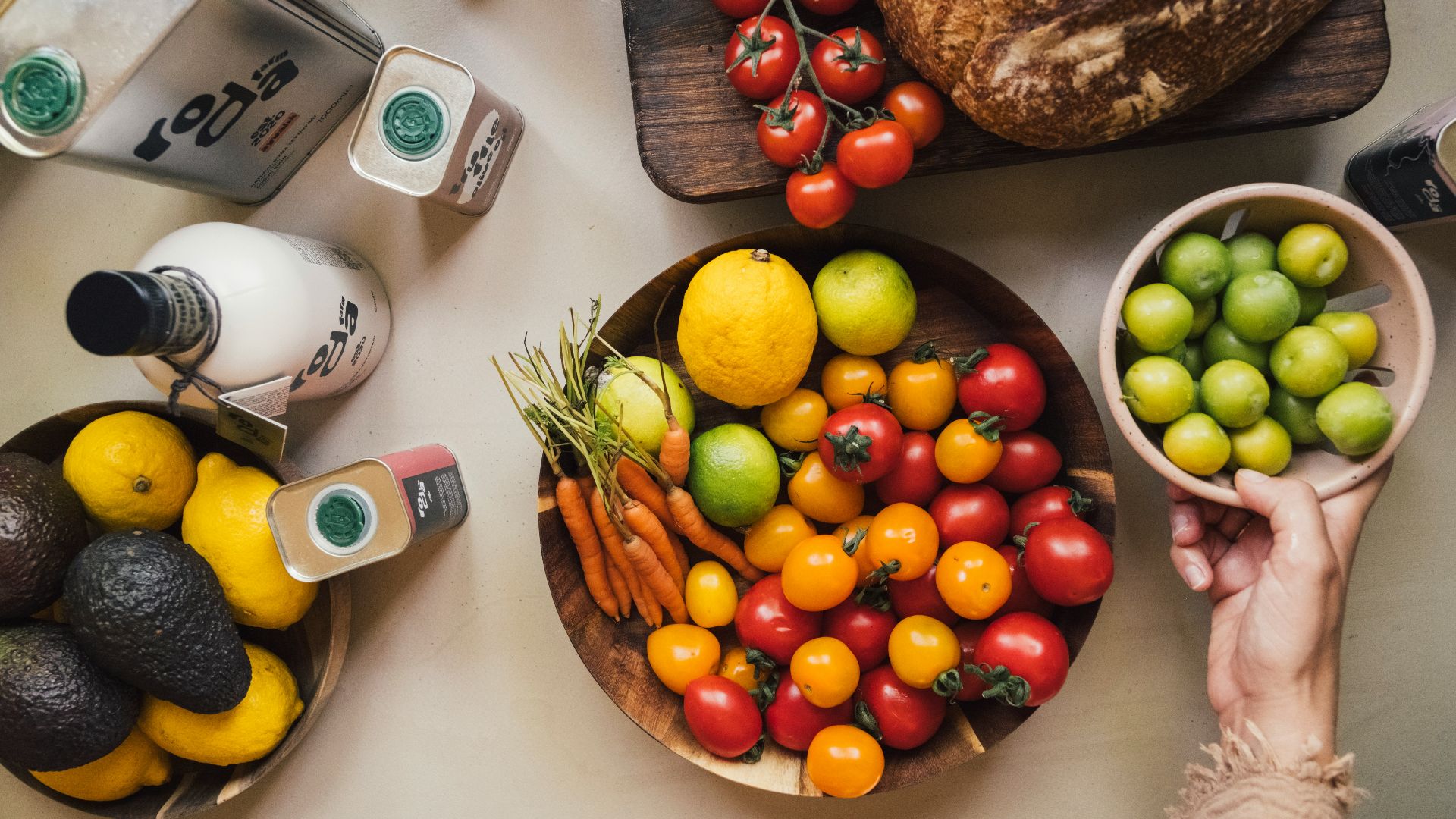 Fresh fruits and vegetables arranged on a table