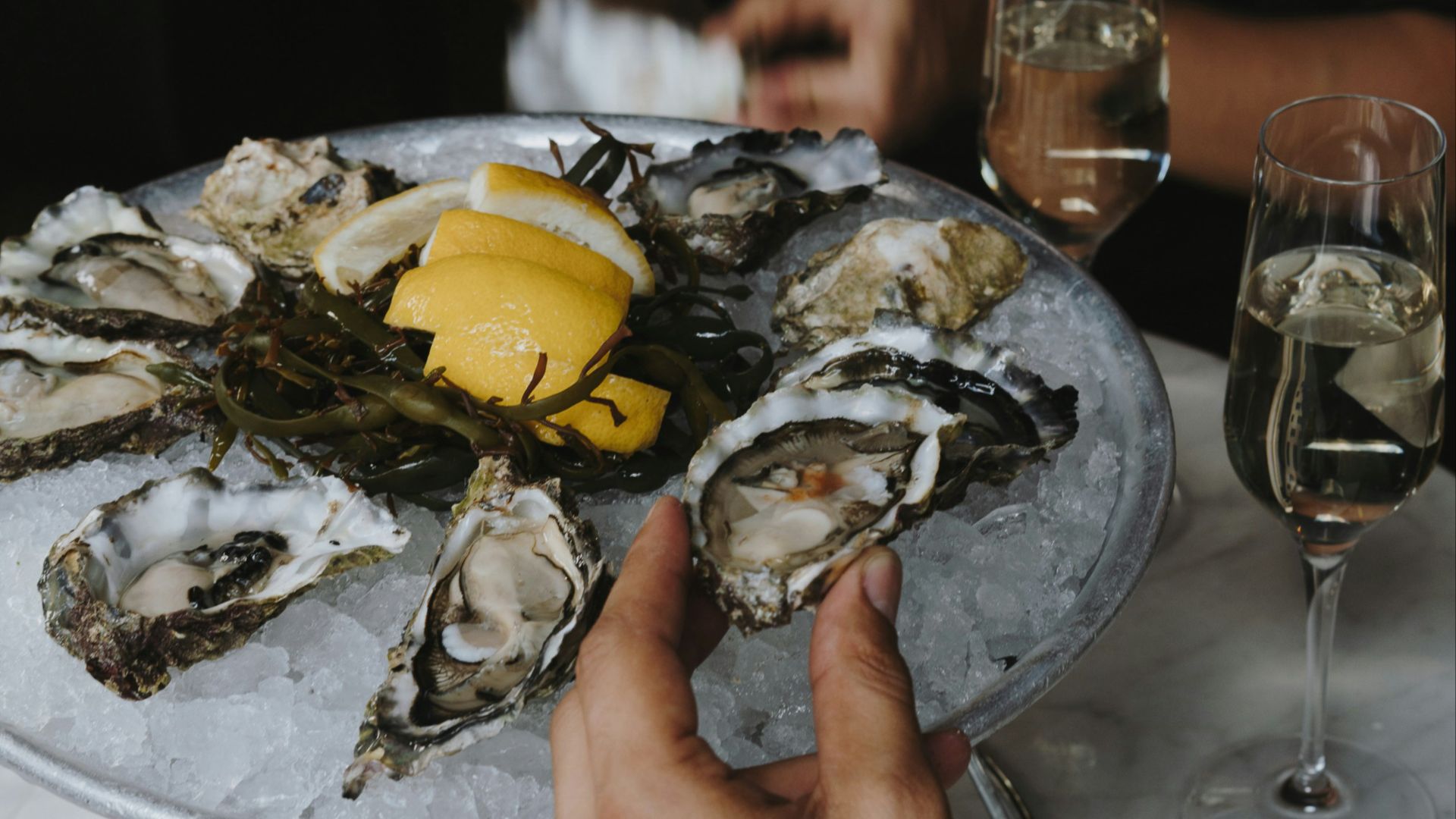a person holding a plate of oysters with lemon wedges