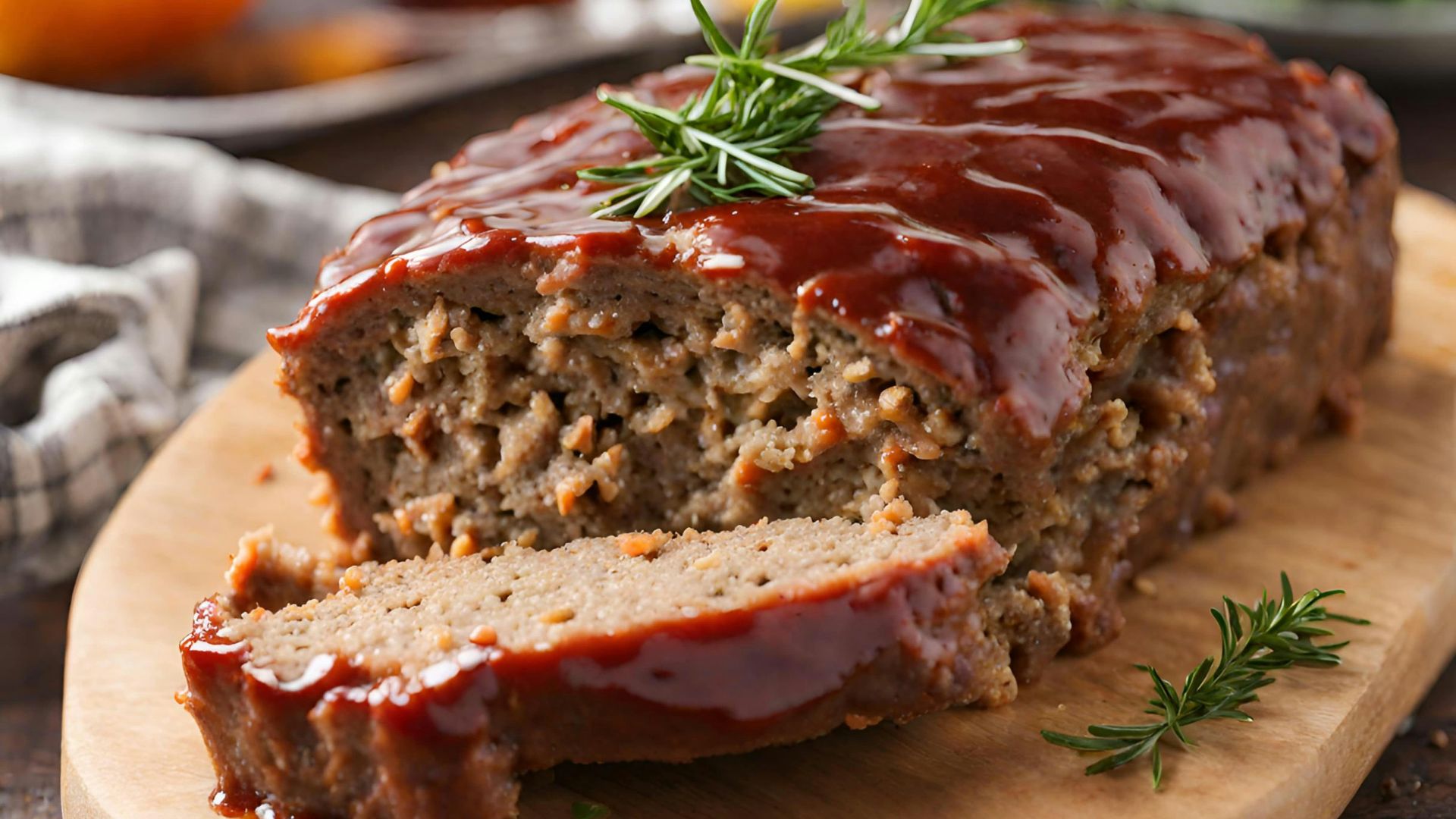 a loaf of meatloaf on a cutting board with a sprig of