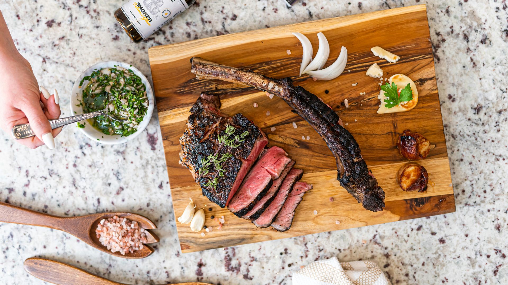 a wooden board with food on it