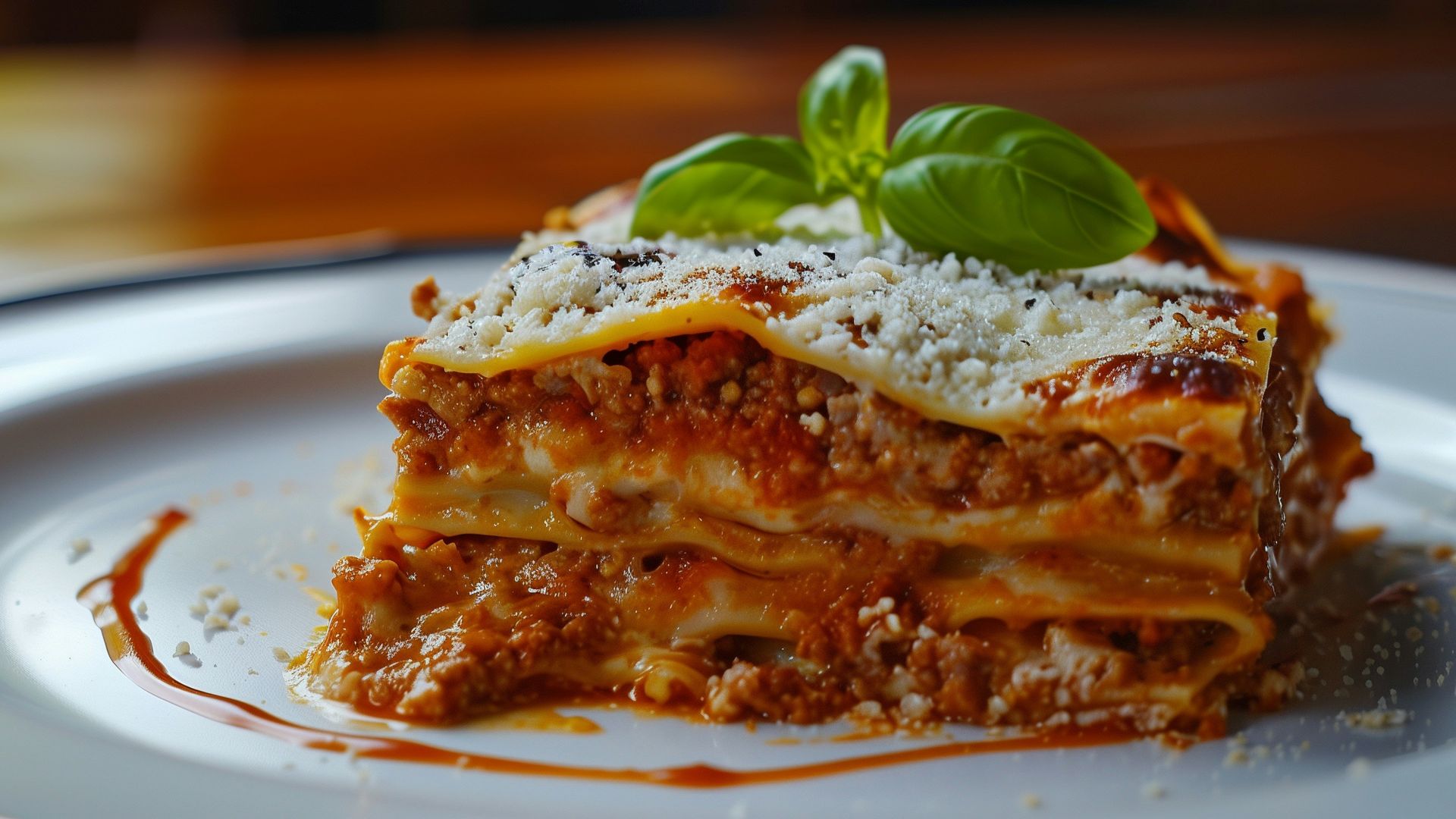 a white plate topped with lasagna covered in sauce