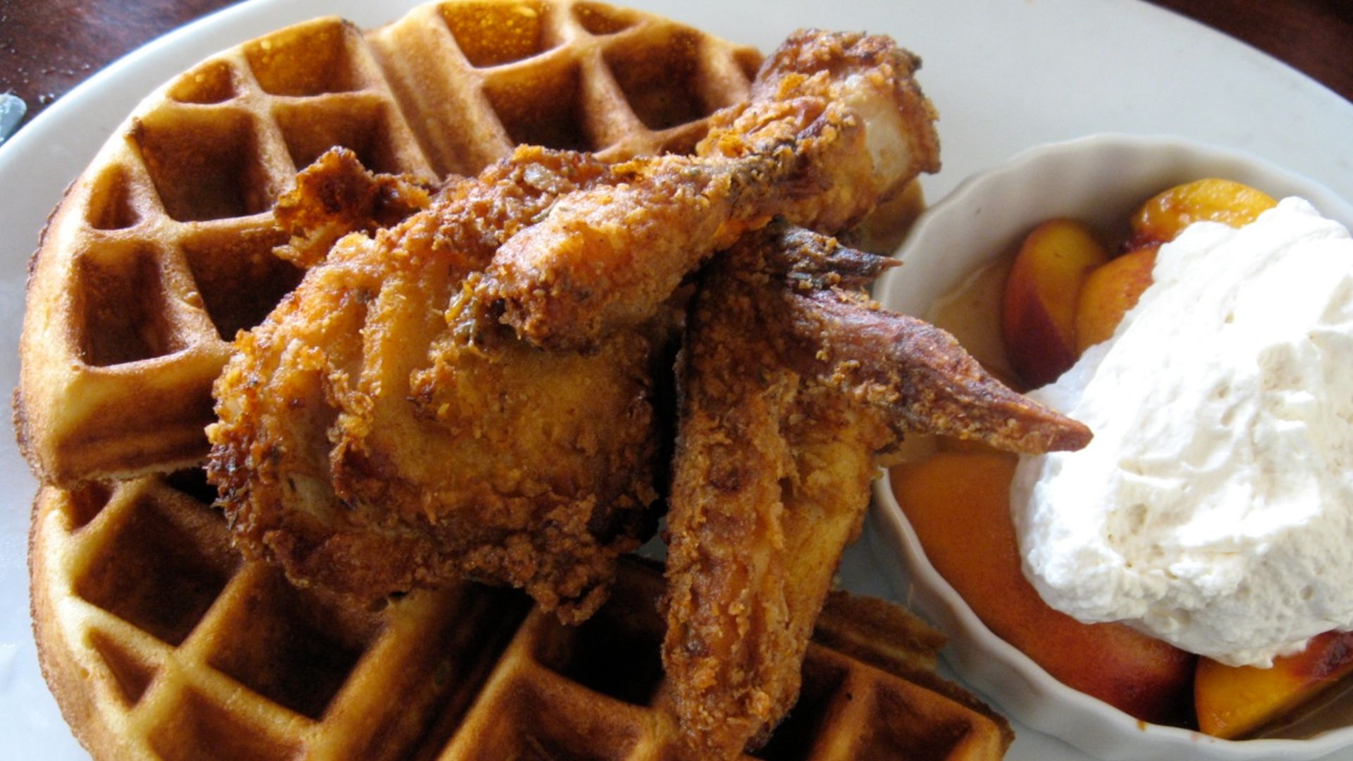 File:Chicken and waffles with peaches and cream.jpg