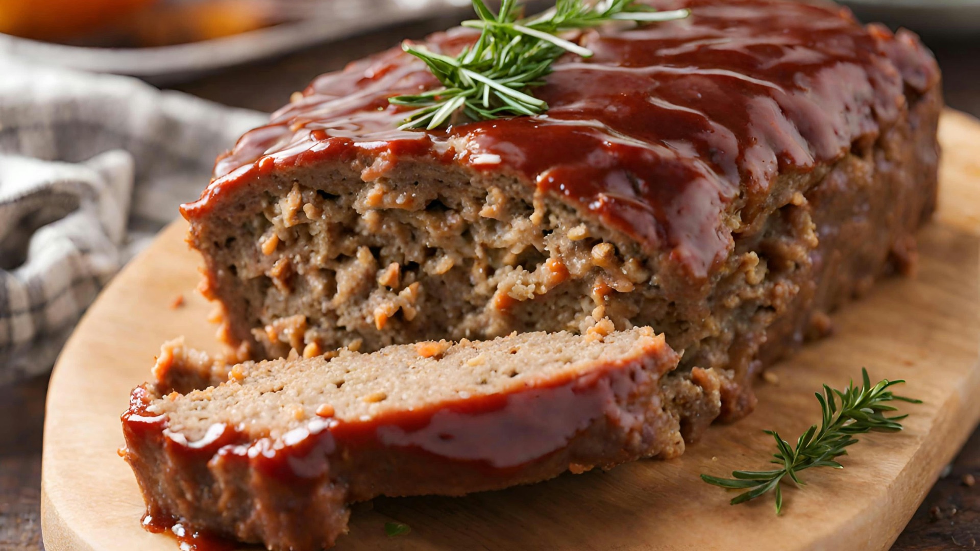 a loaf of meatloaf on a cutting board with a sprig of
