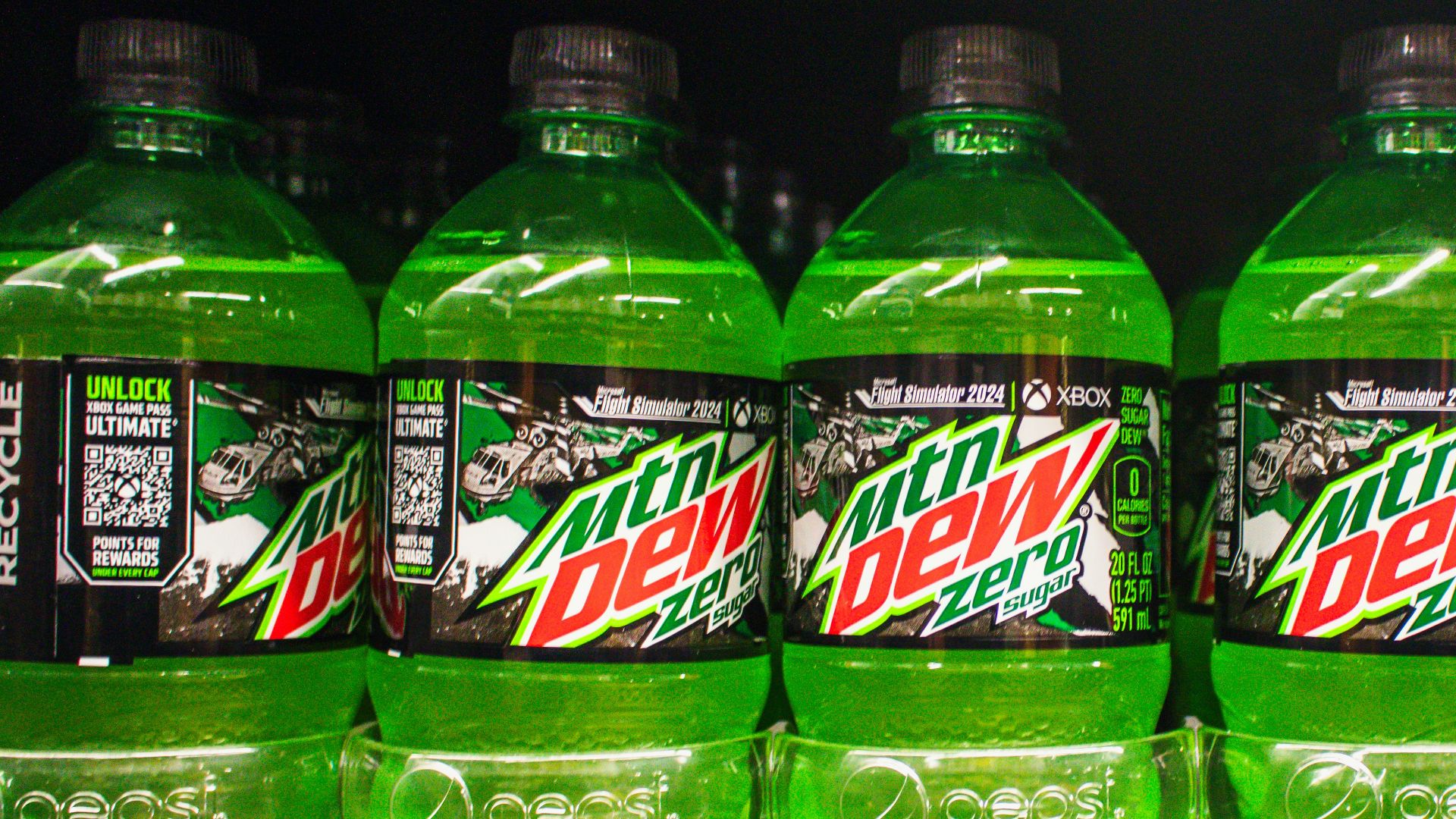 Mountain dew zero bottles on a shelf.