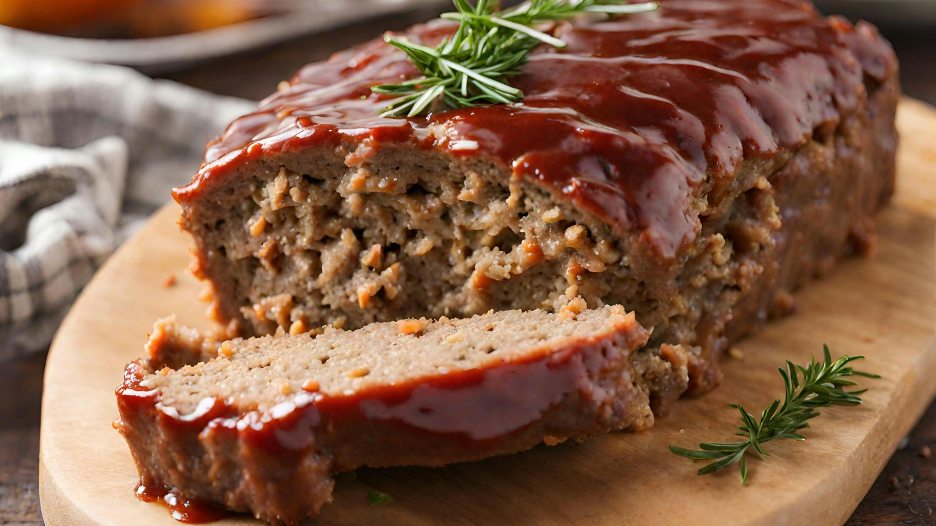 a loaf of meatloaf on a cutting board with a sprig of