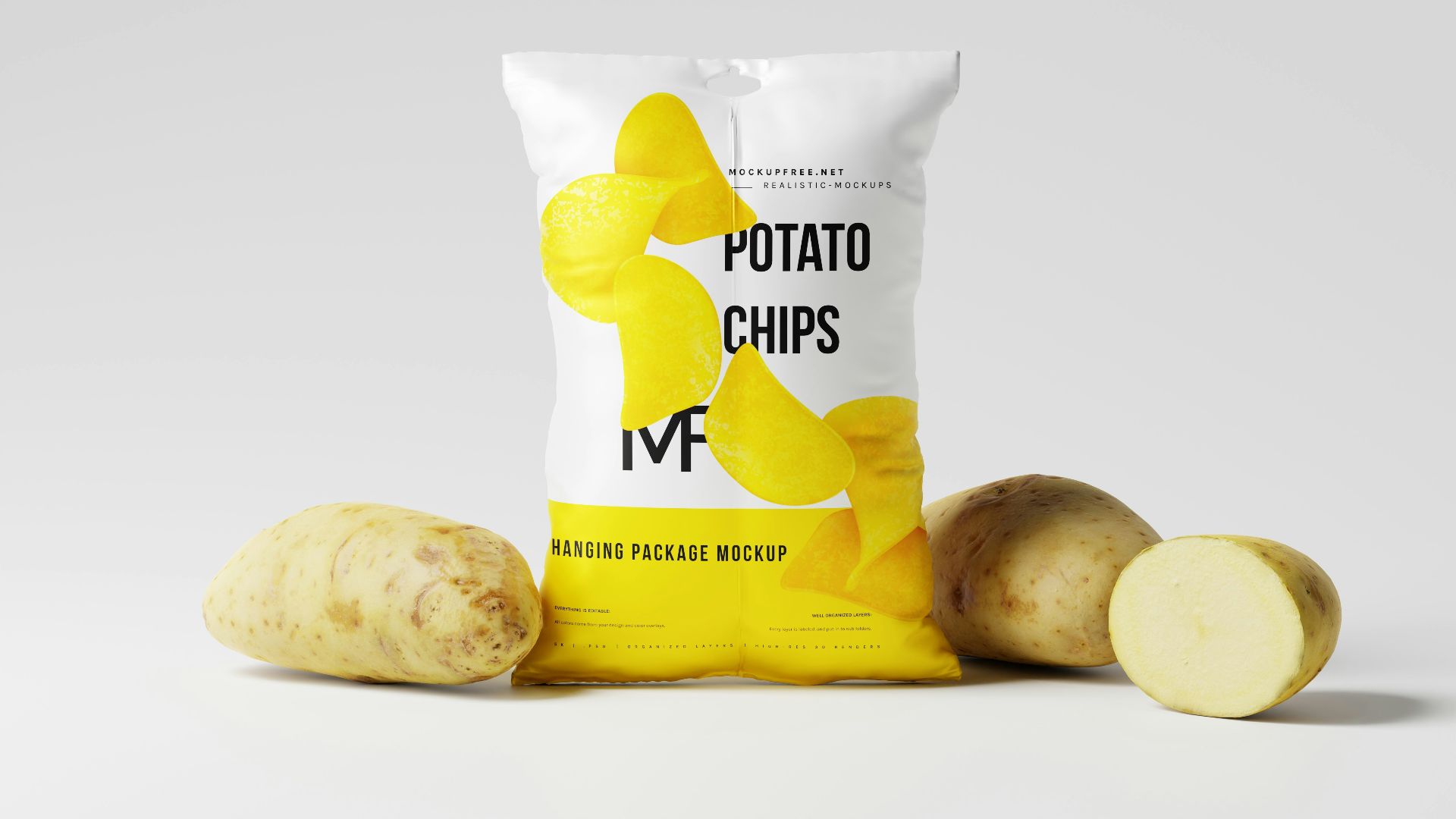 a bag of potato chips next to two potatoes