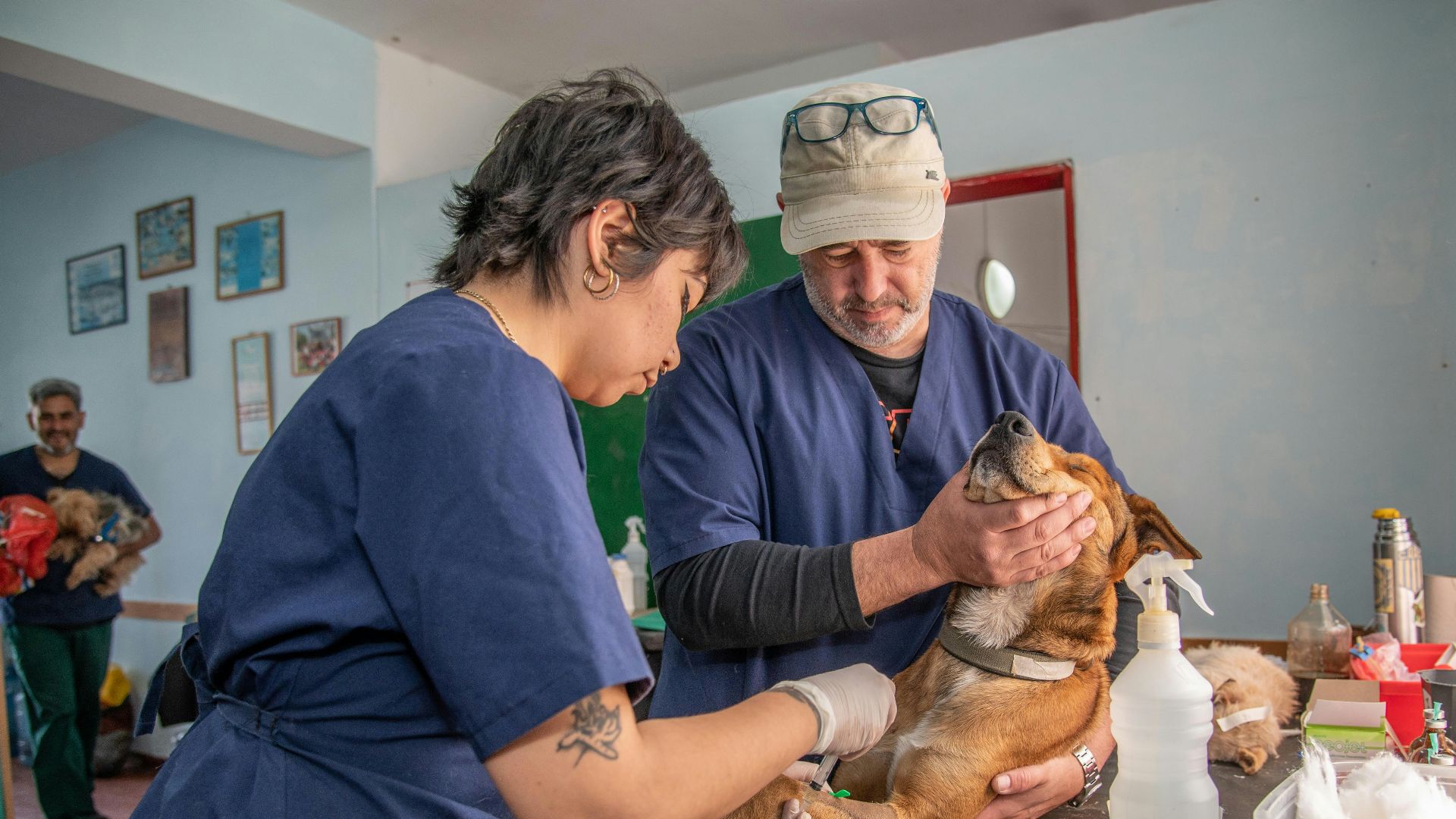 a man and a woman holding a dog in a room