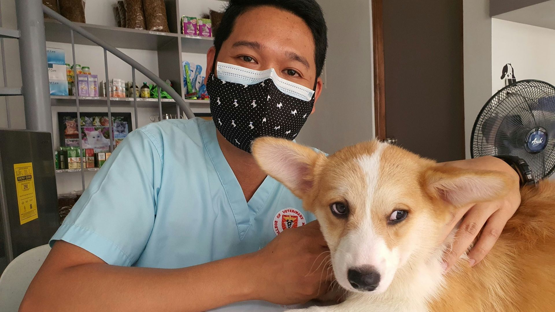 a man wearing a face mask sitting next to a dog