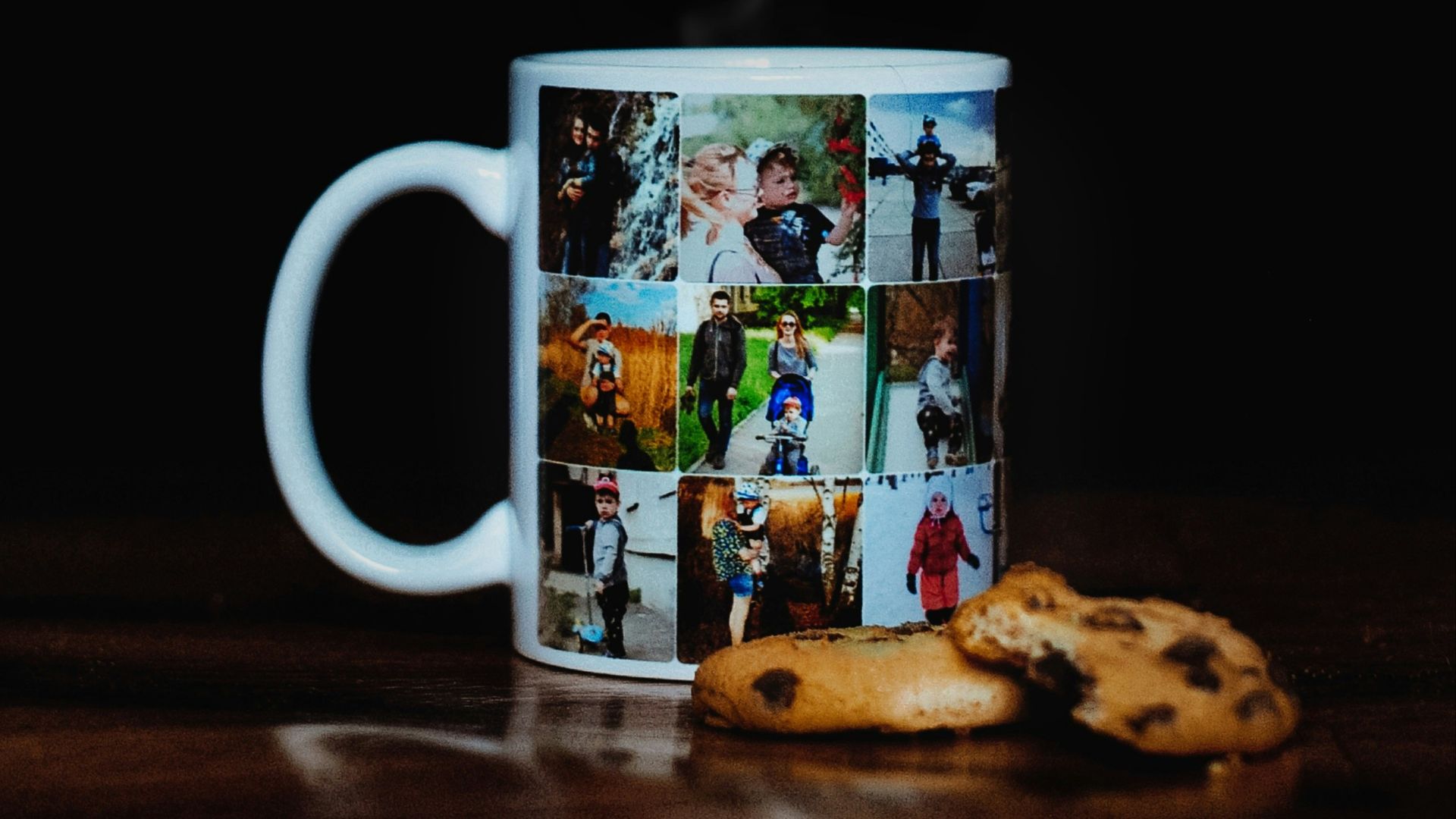 ceramic mug on brown surface with cookies
