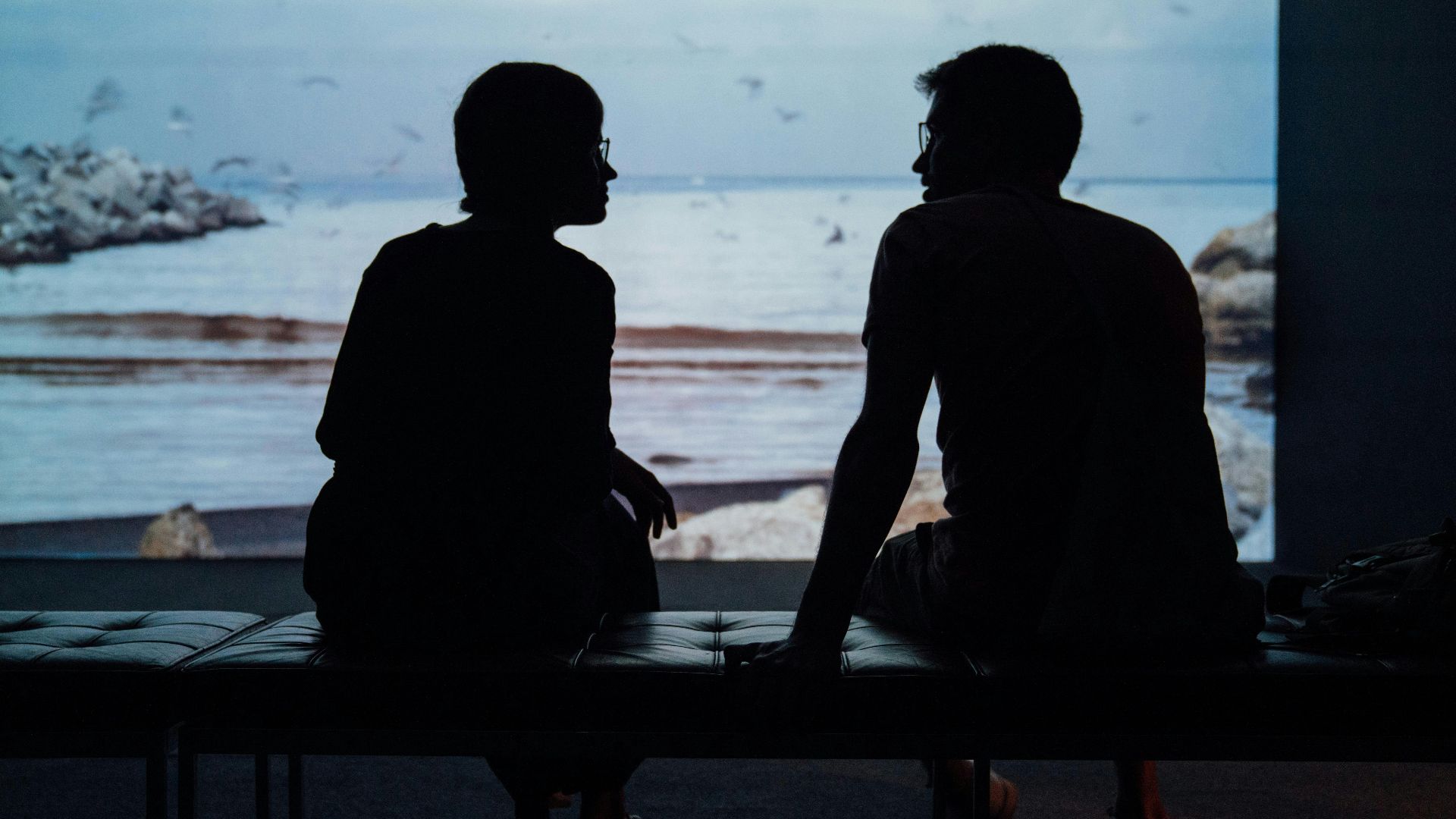 silhouette of man and woman sitting on ottoman