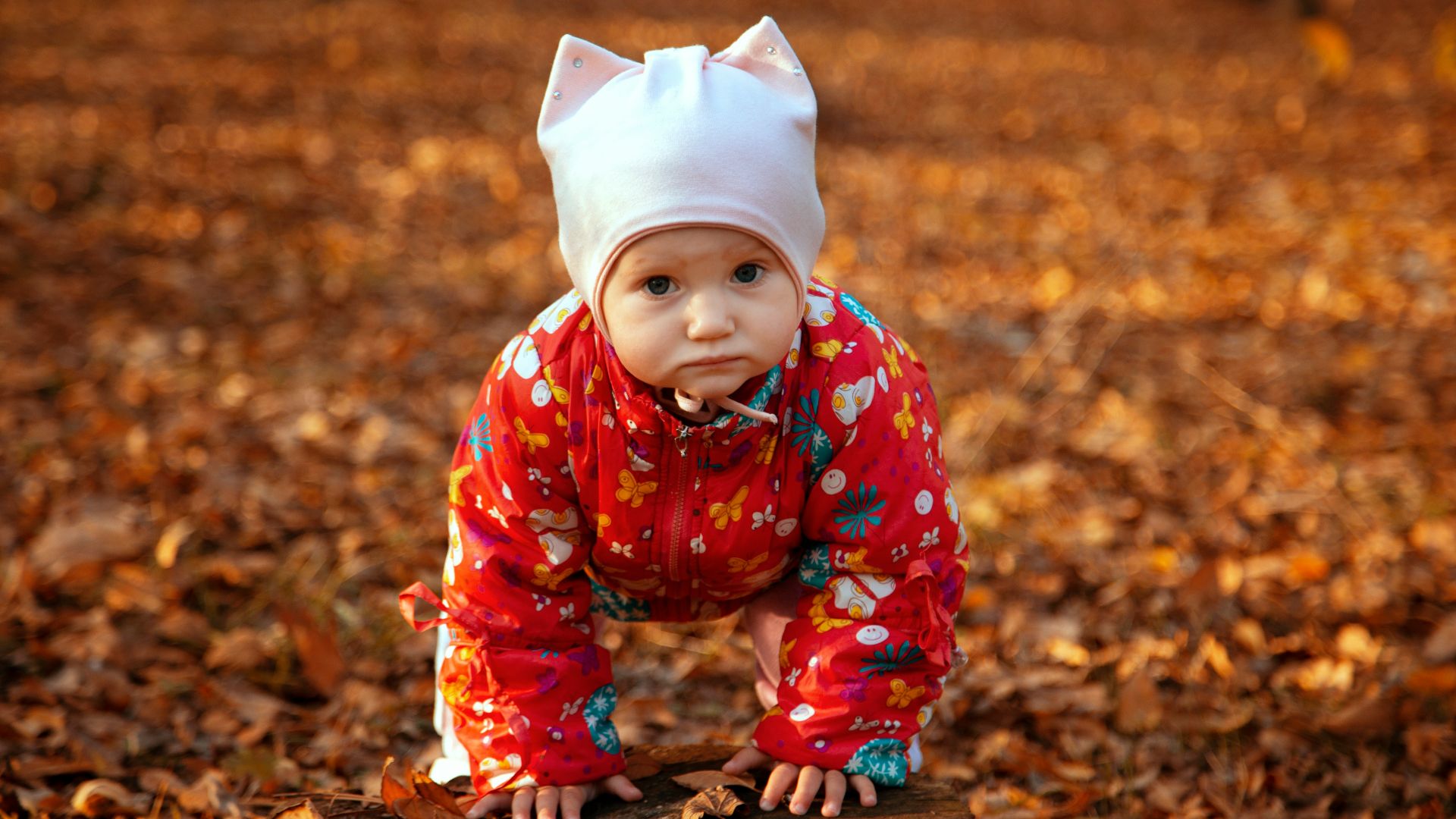 a small child wearing a cat hat on top of a log