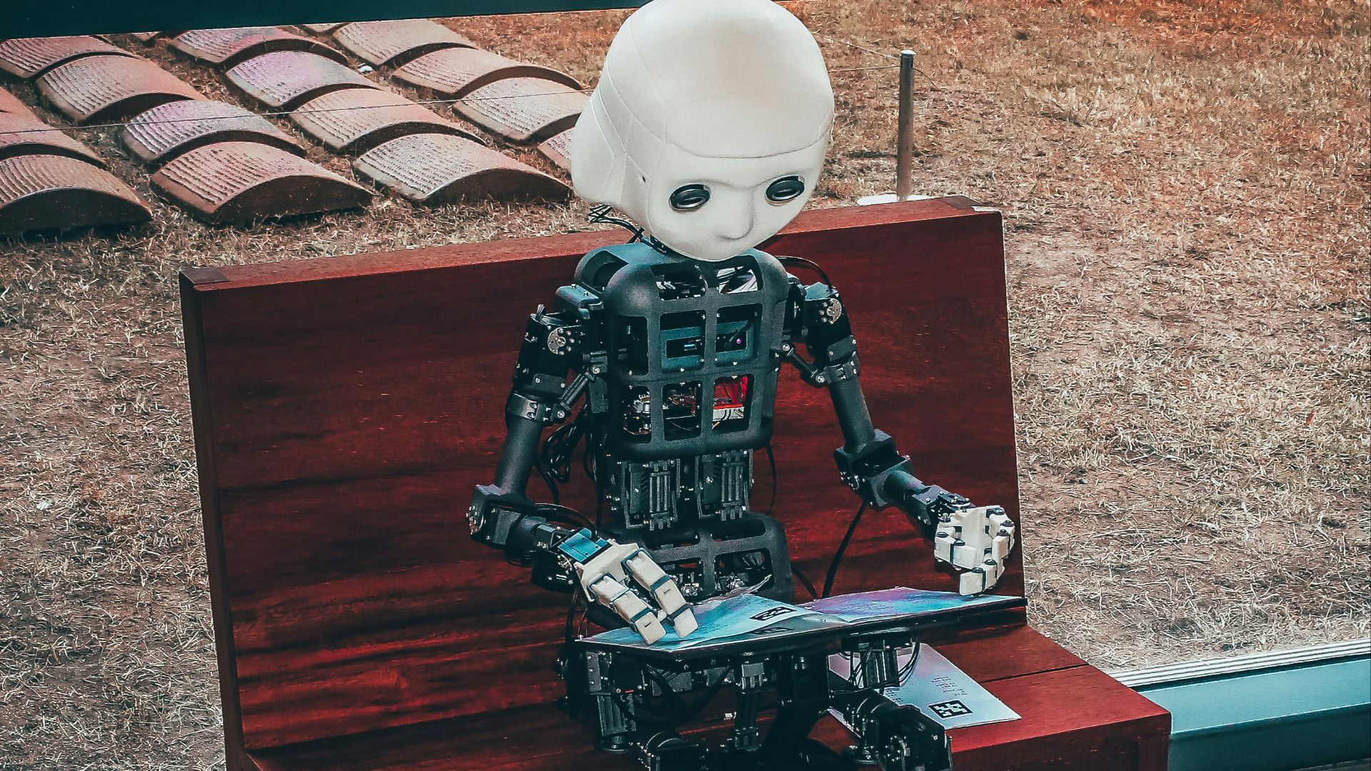 black and white robot toy on red wooden table