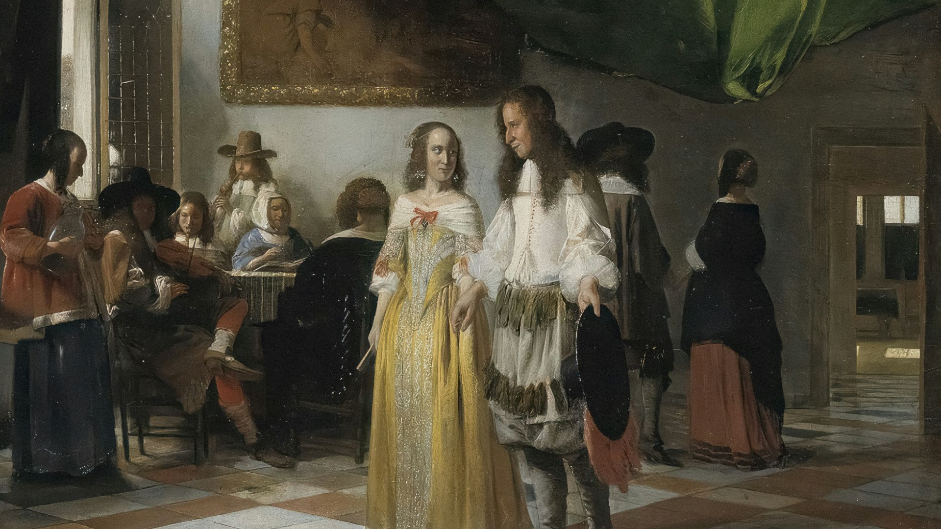a painting of a man and woman standing in front of a room full of people