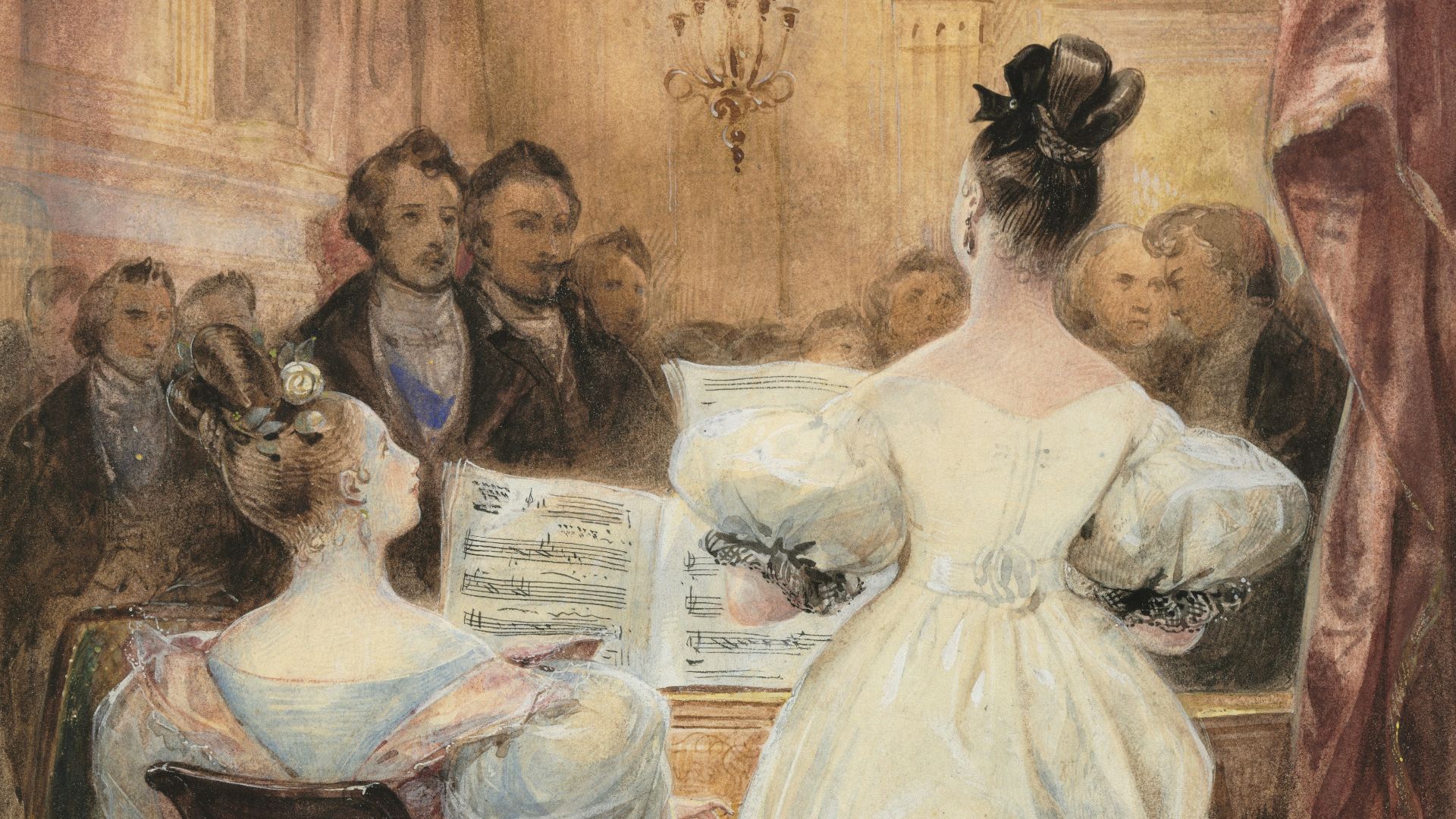 a painting of a woman standing in front of a piano