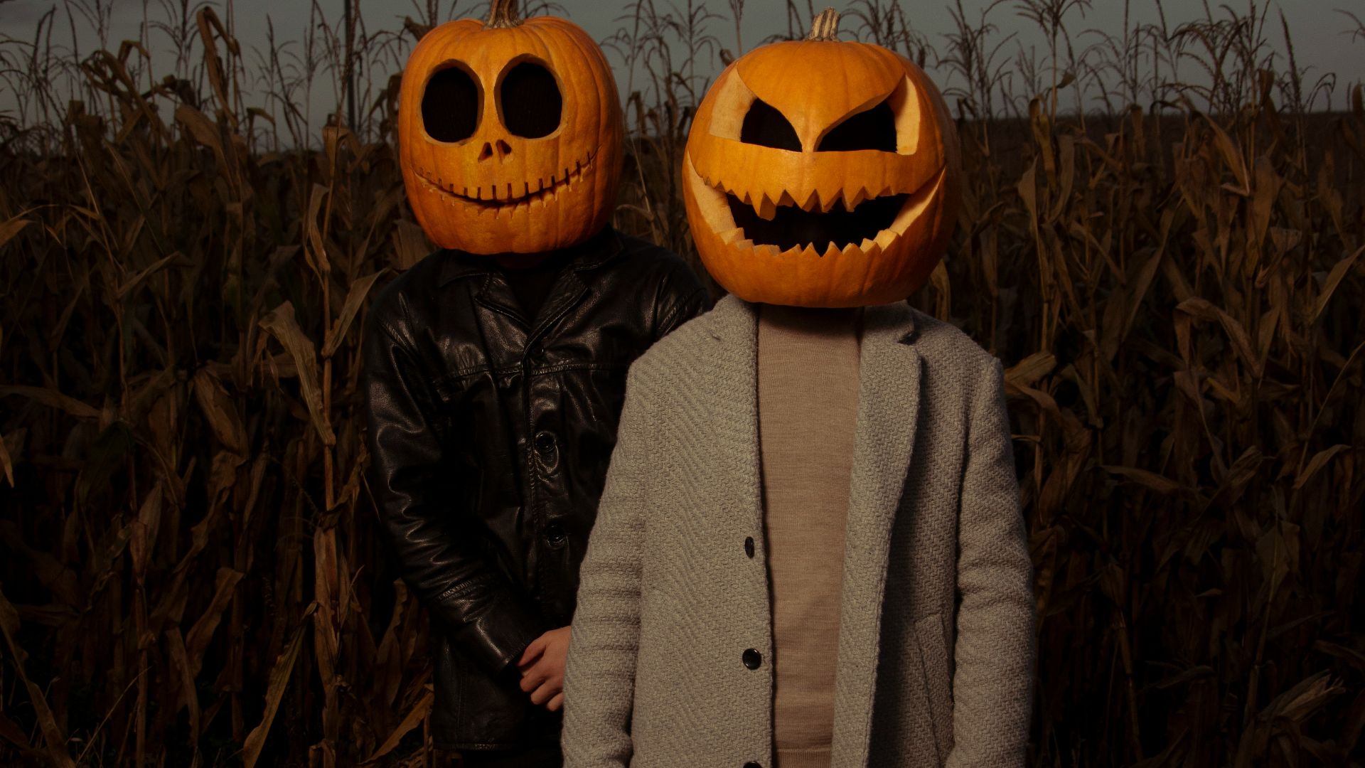 a couple of people standing in a field with pumpkins on their heads