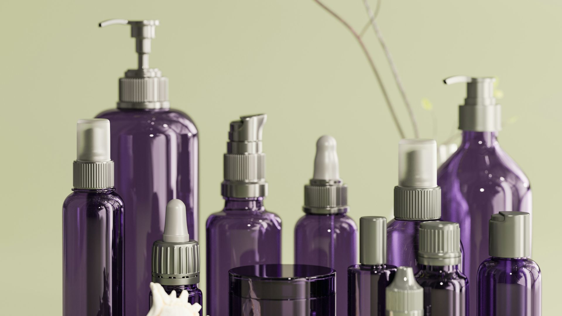 a group of purple bottles sitting on top of a table