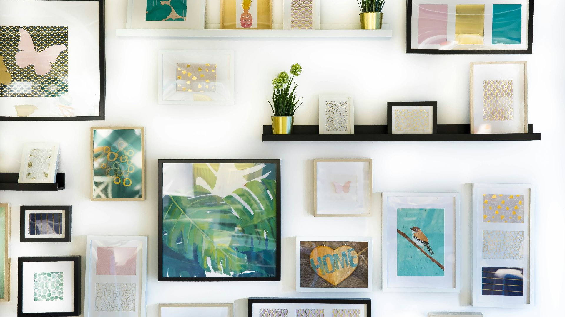 assorted-color framed paintings on the wall