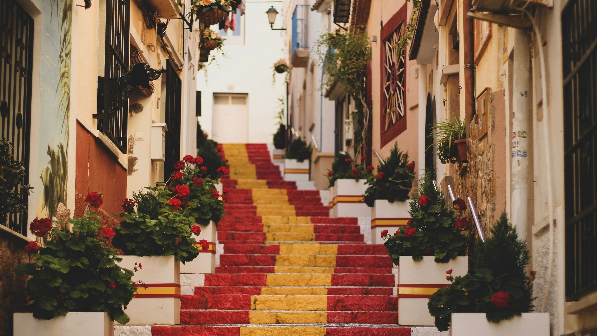 red, yellow, and white concrete stairs
