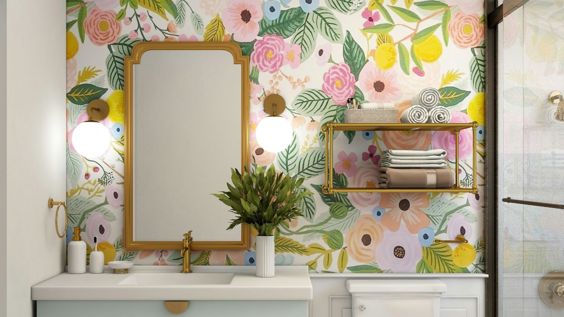 a bathroom with a floral wallpaper and a white toilet