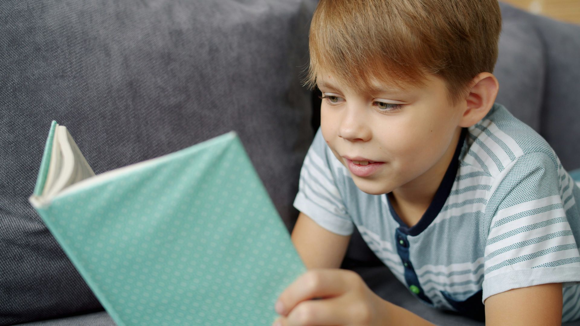 A young boy reads a book on a couch.