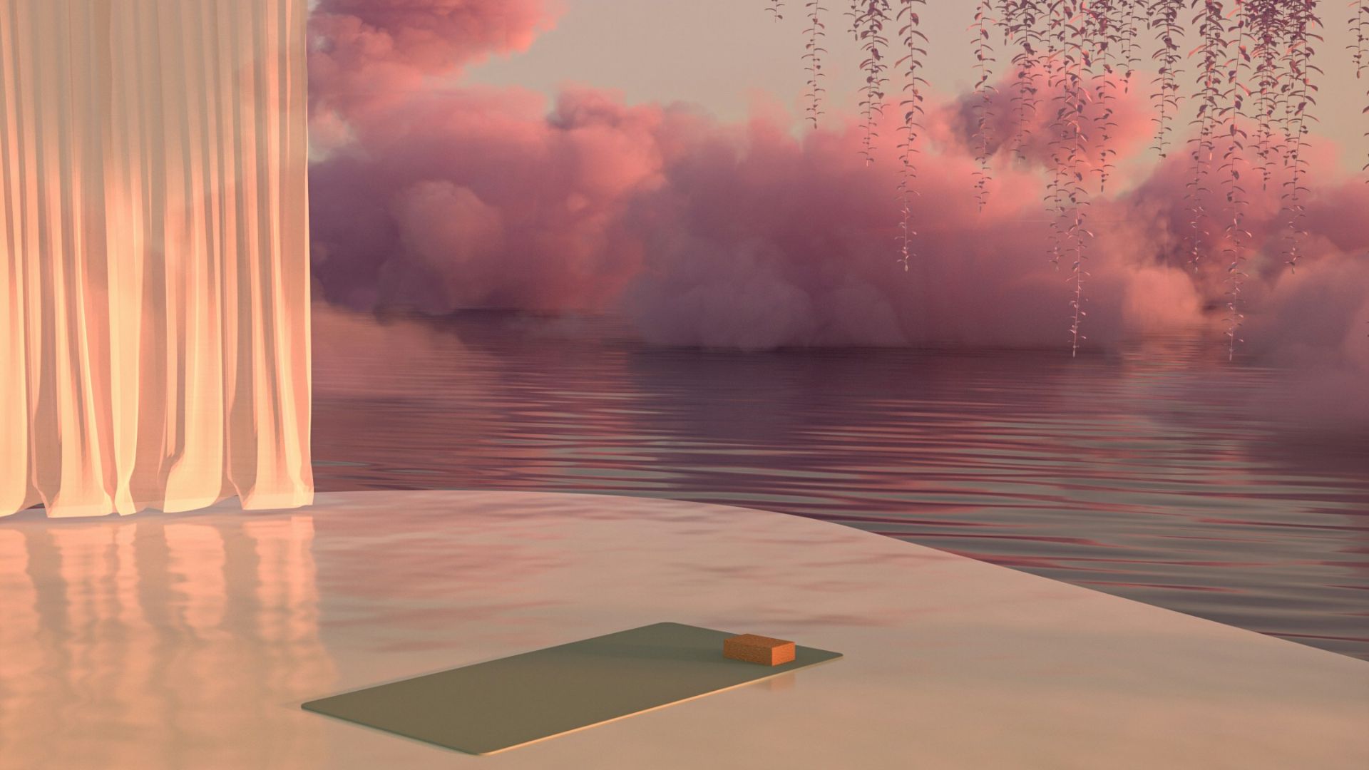 a room with a view of the water and clouds