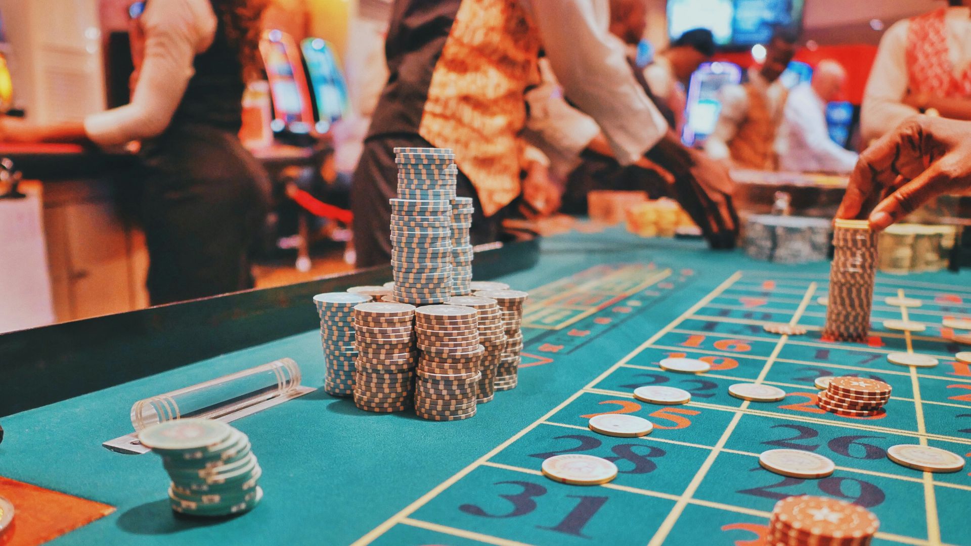 a casino table with a lot of chips on it