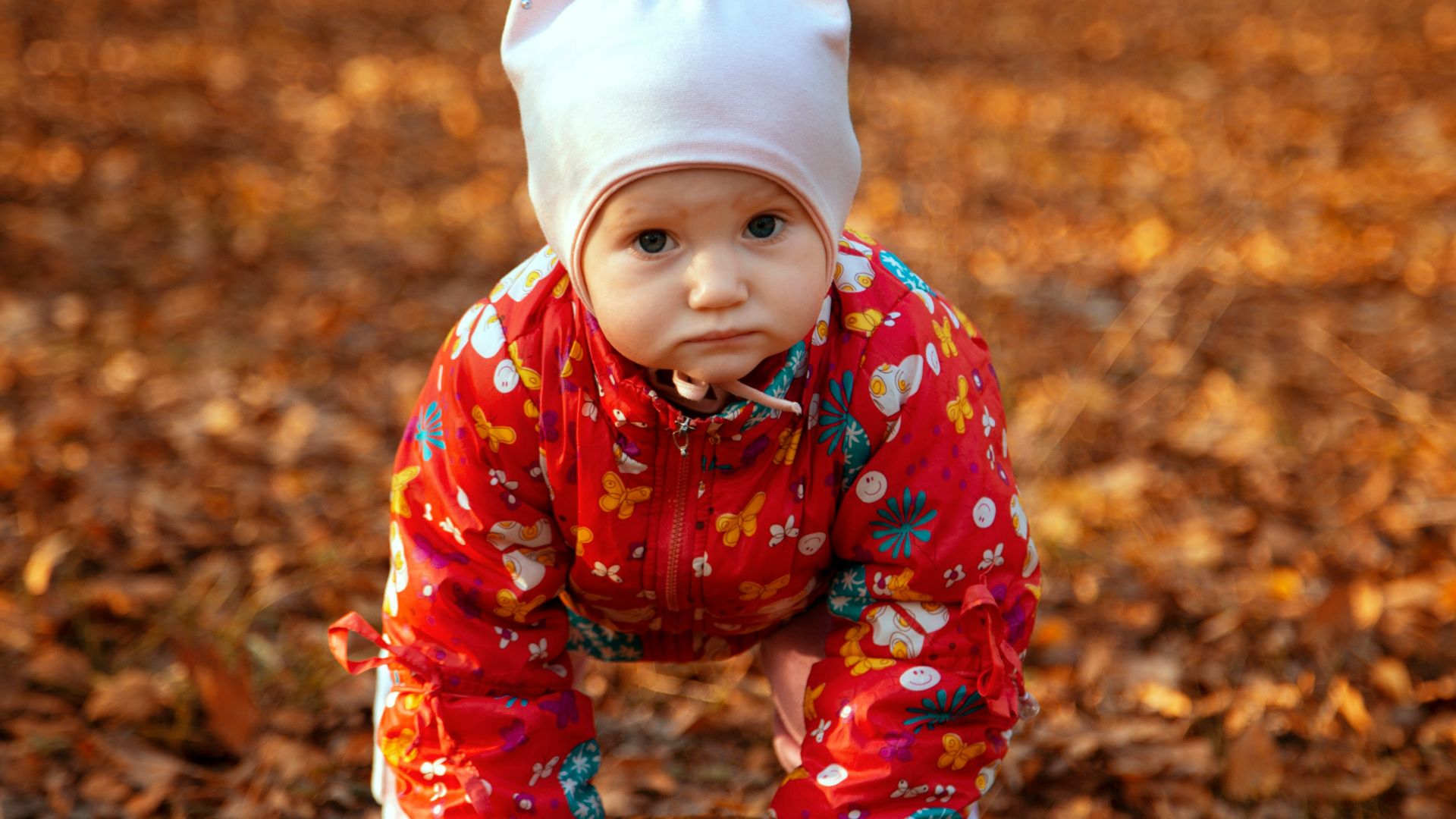 a small child wearing a cat hat on top of a log
