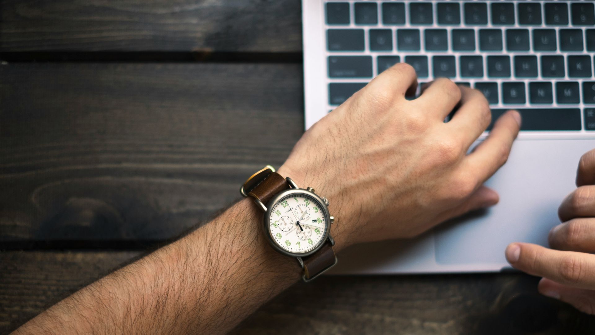 person wearing brown and white watch