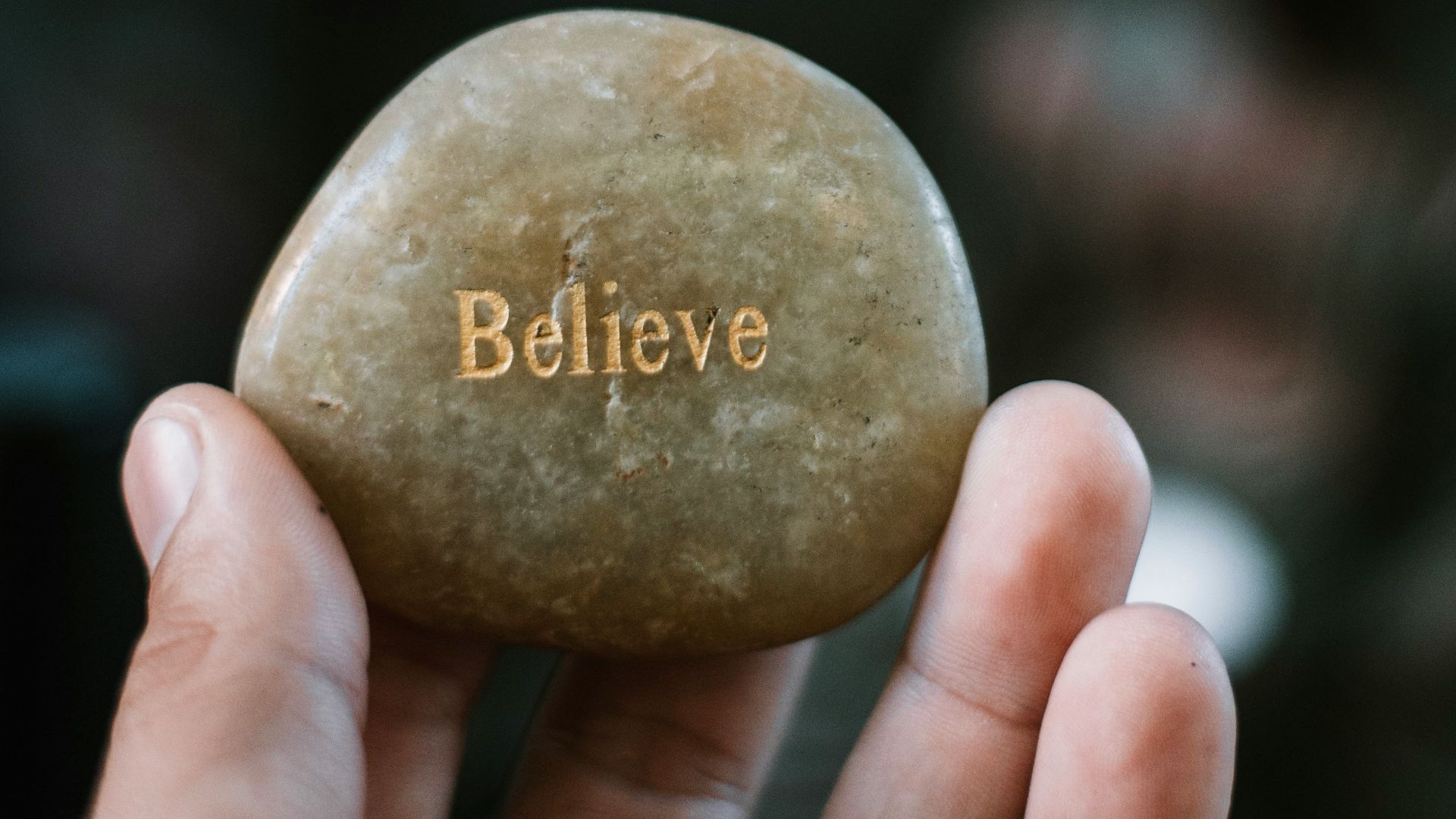 person holding brown stone with believe print