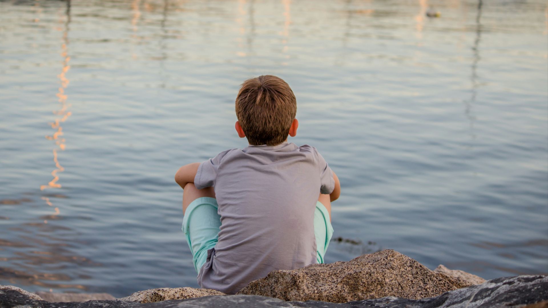 gray sitting on gray concrete pavement facing ocean water during daytime