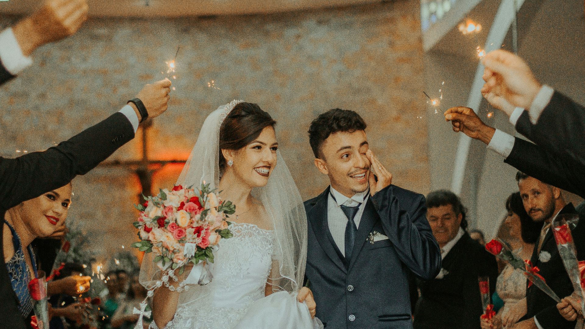 smiling bride and groom