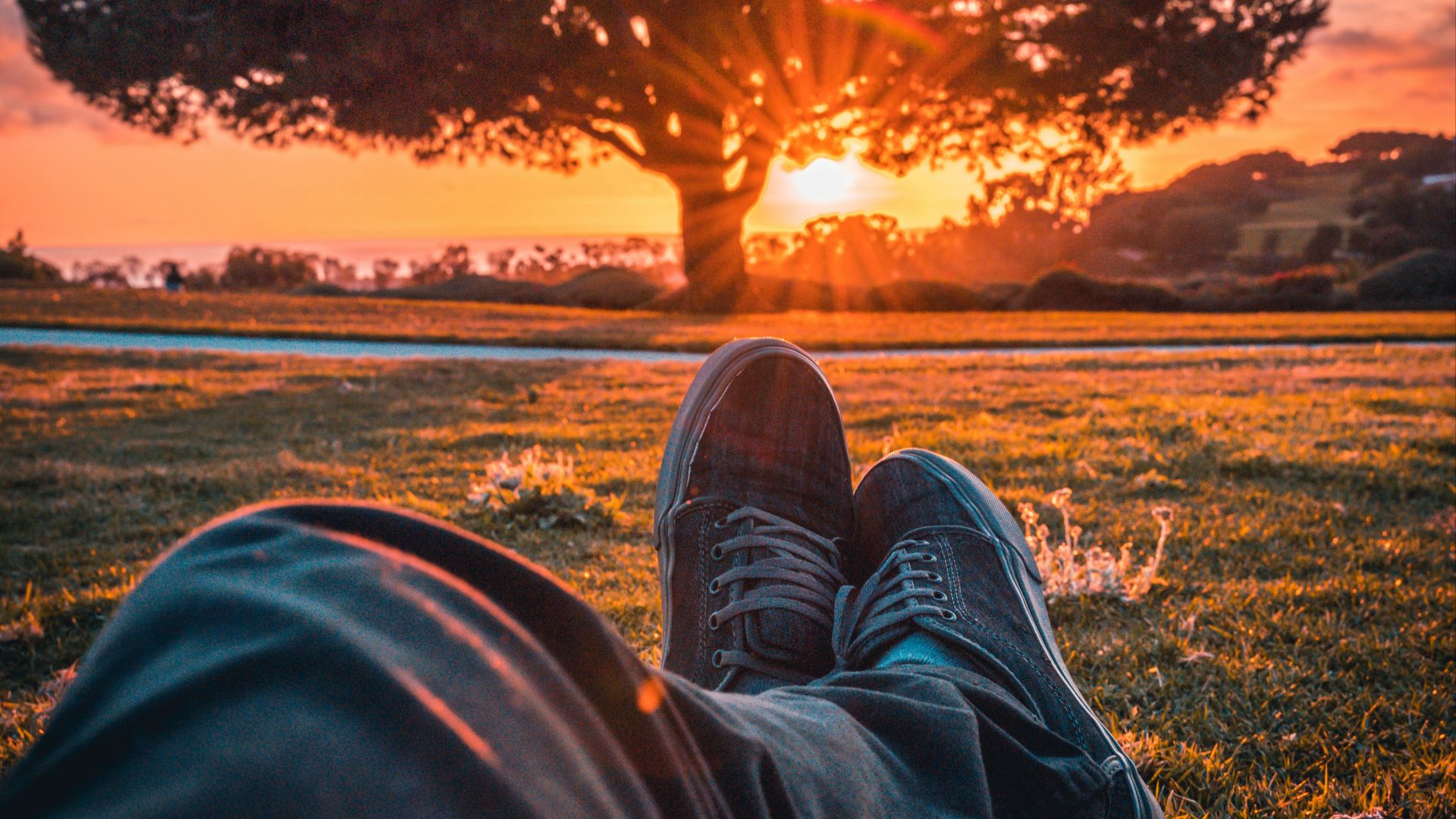 person in black pants and brown shoes sitting on grass field during sunset