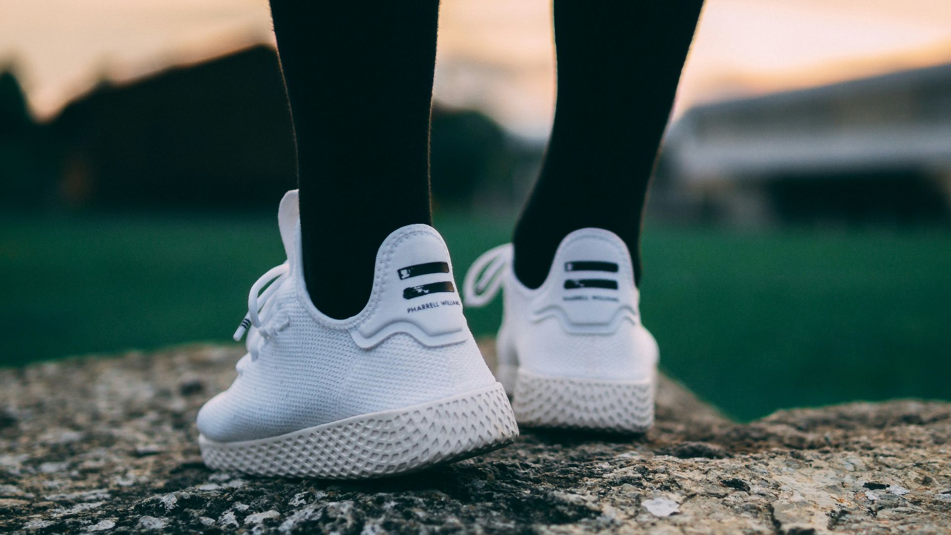 selective focus photography of person wearing shoes standing on rock