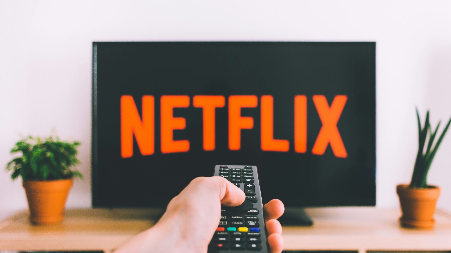 person holding remote pointing at TV