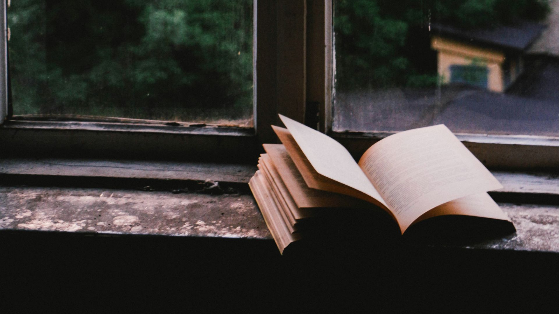 book near glass window