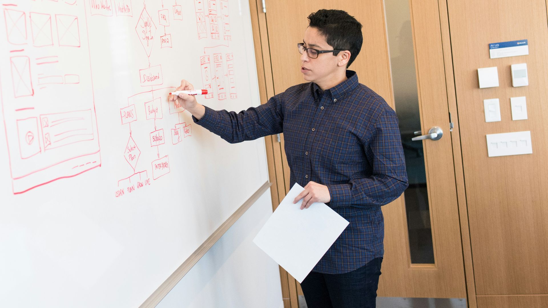 man in black dress shirt writing on dry-erase board