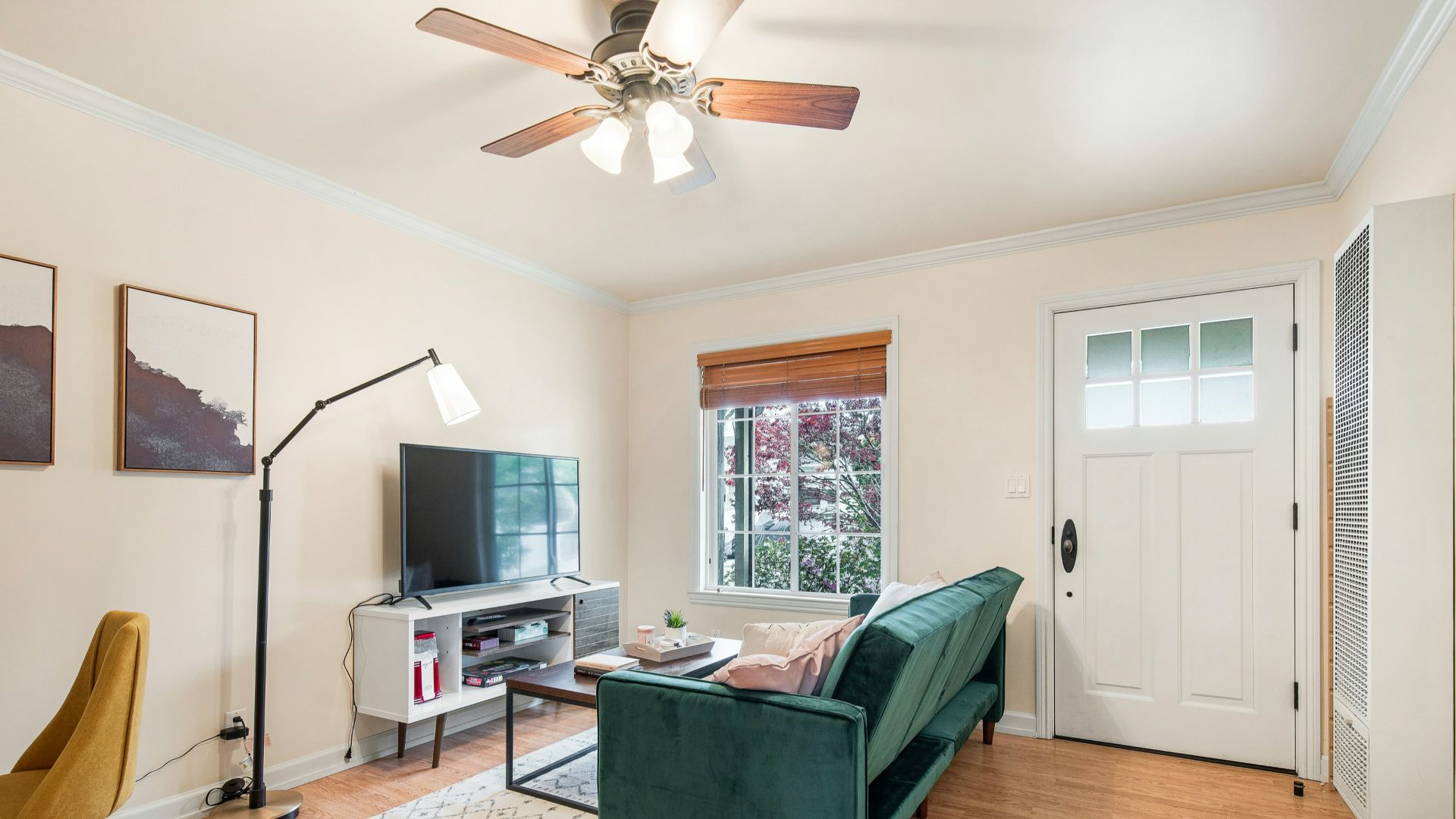 white and brown 4 bladed ceiling fan with light fixture