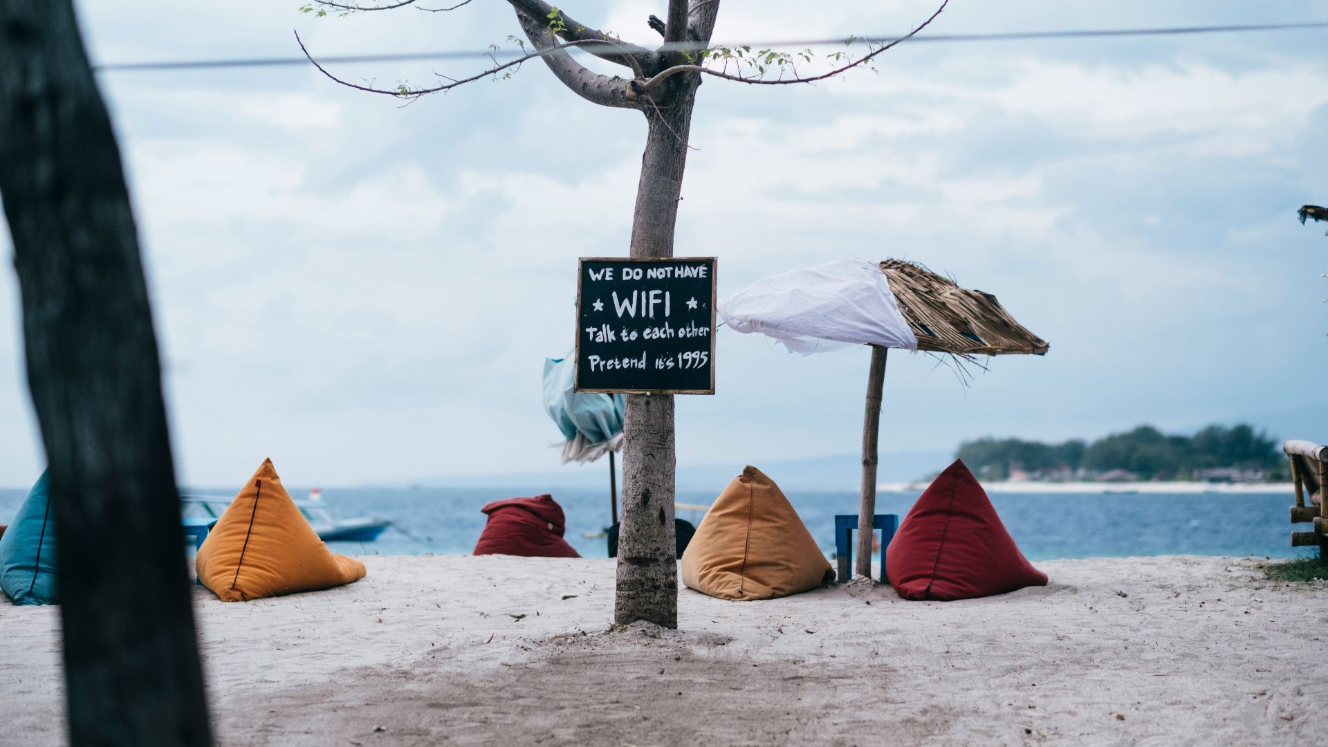assorted-color bean bags inline in seashore at daytime