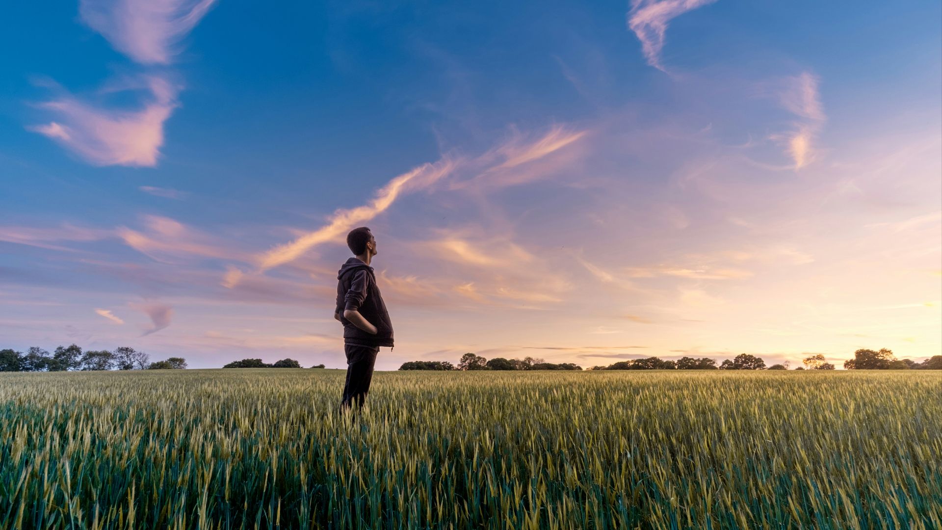 man on grass field looking at sky