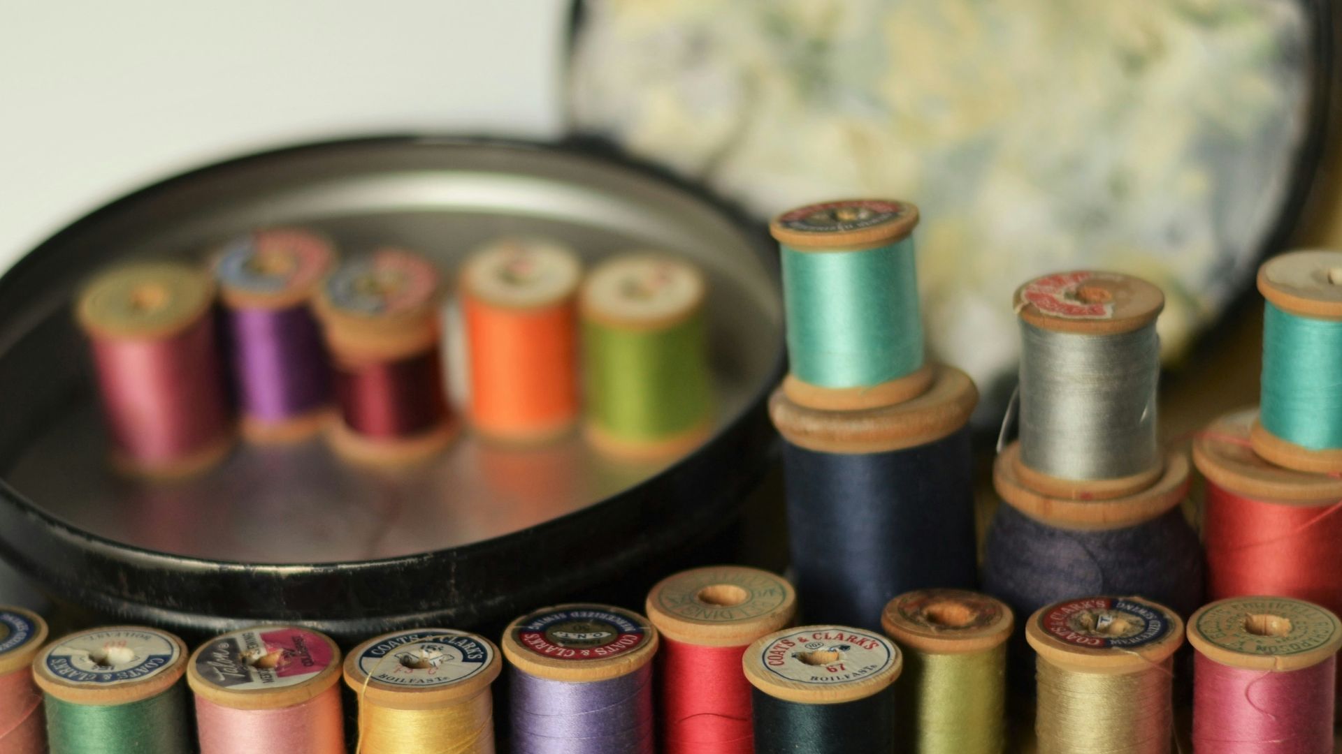 brown and green thread spool